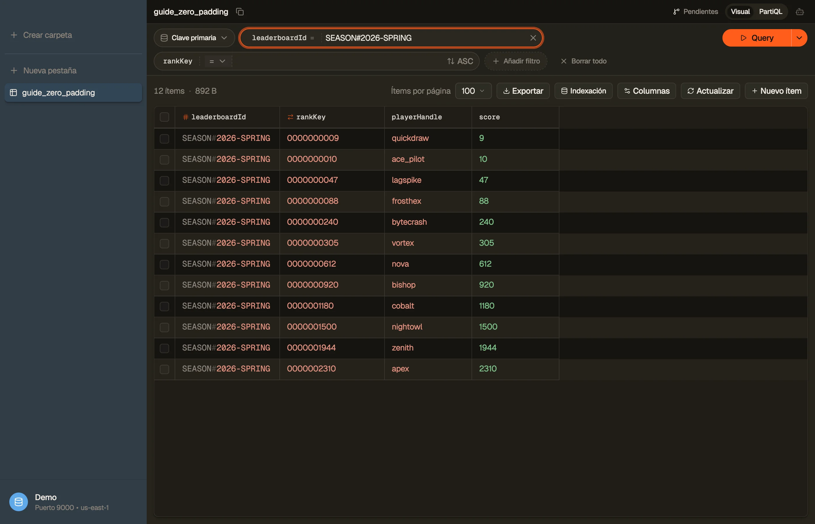 Navegando el ranking de la temporada en DynoTable, ordenado por la rankKey rellenada con ceros.