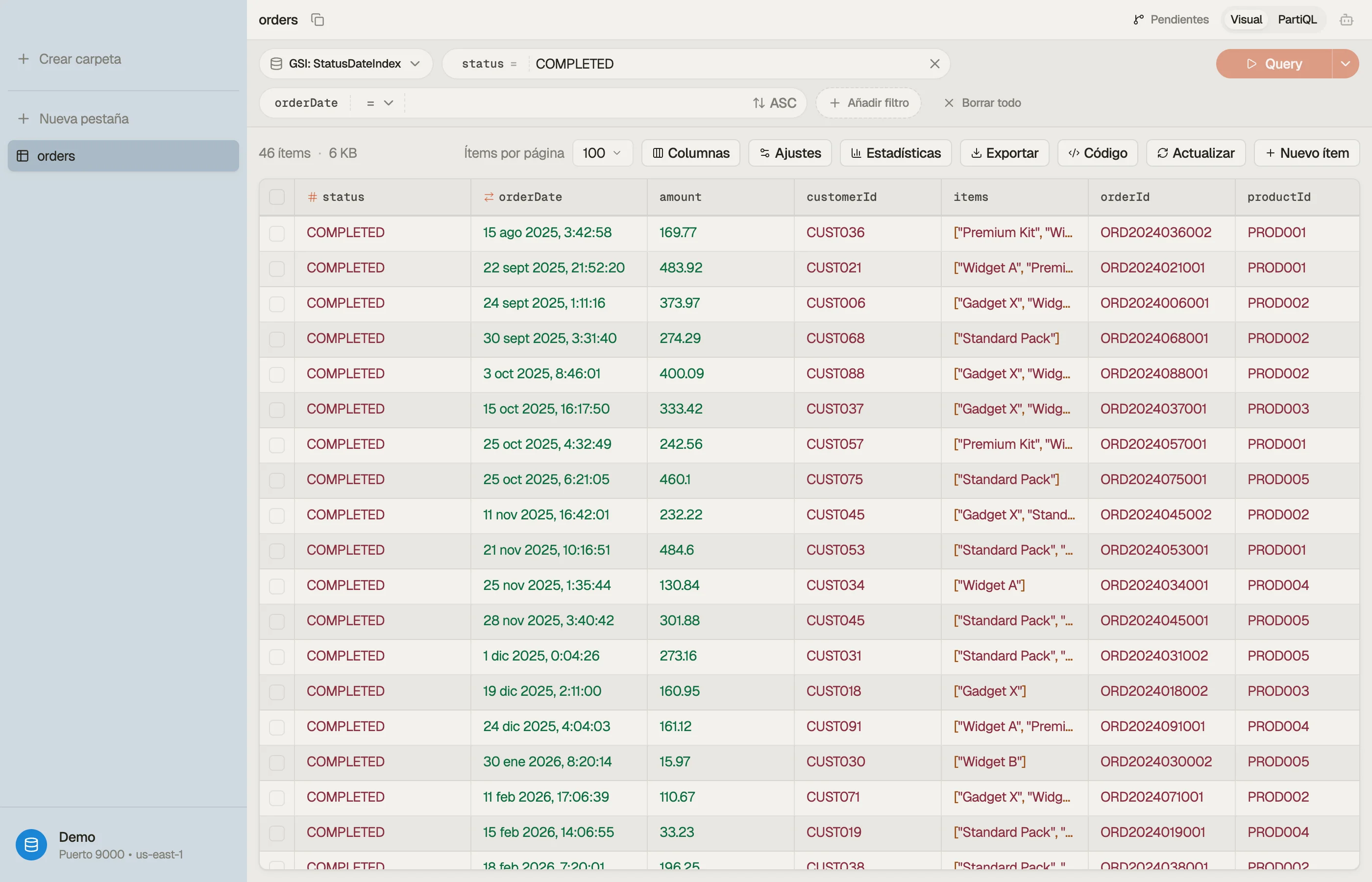 El visual filter builder de DynoTable con el index picker y el badge Query derivado.