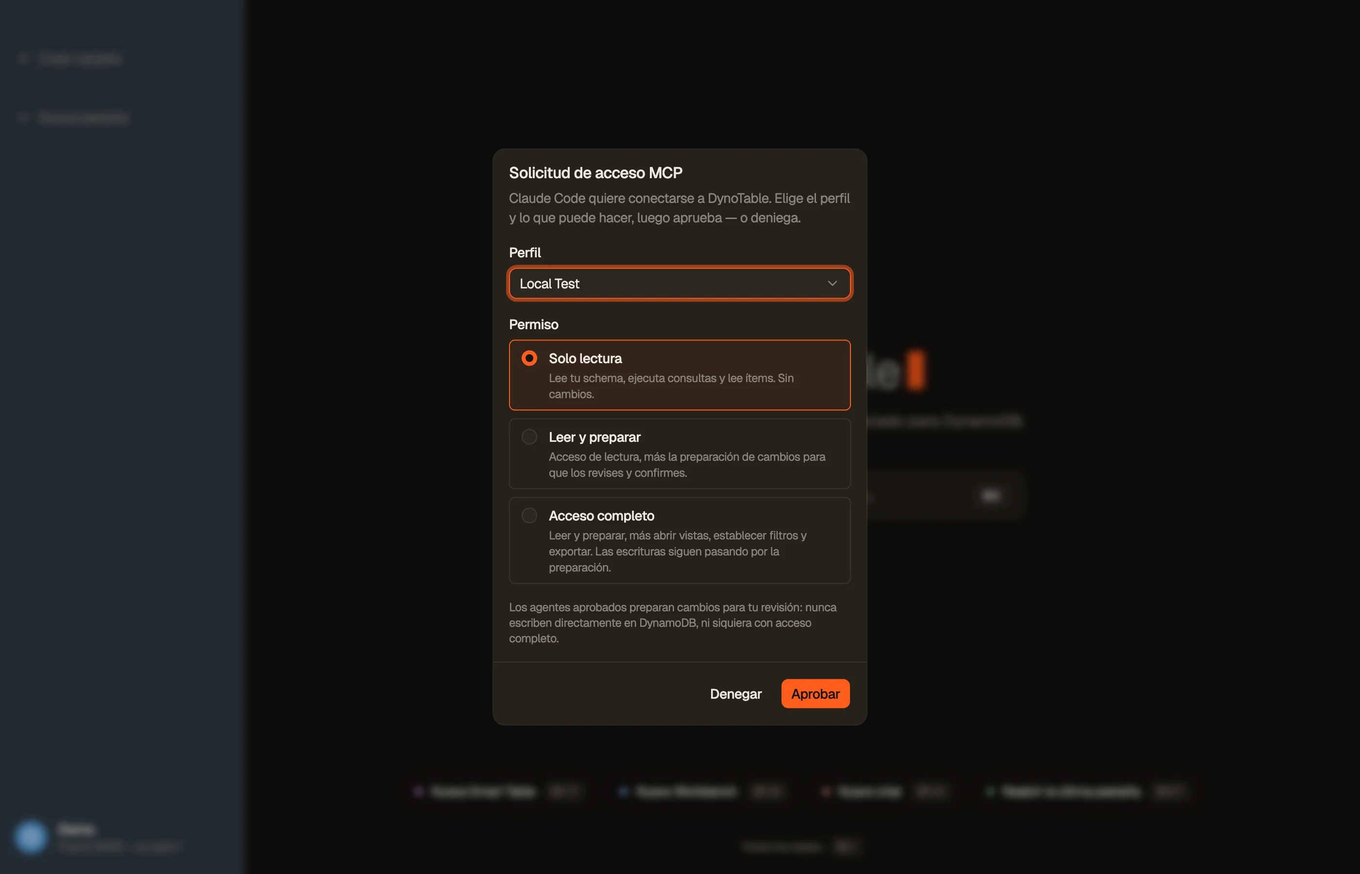 El aviso de consentimiento dentro de la app: un cliente que se conecta solicita acceso, y tú concedes uno de tres ámbitos o lo deniegas.