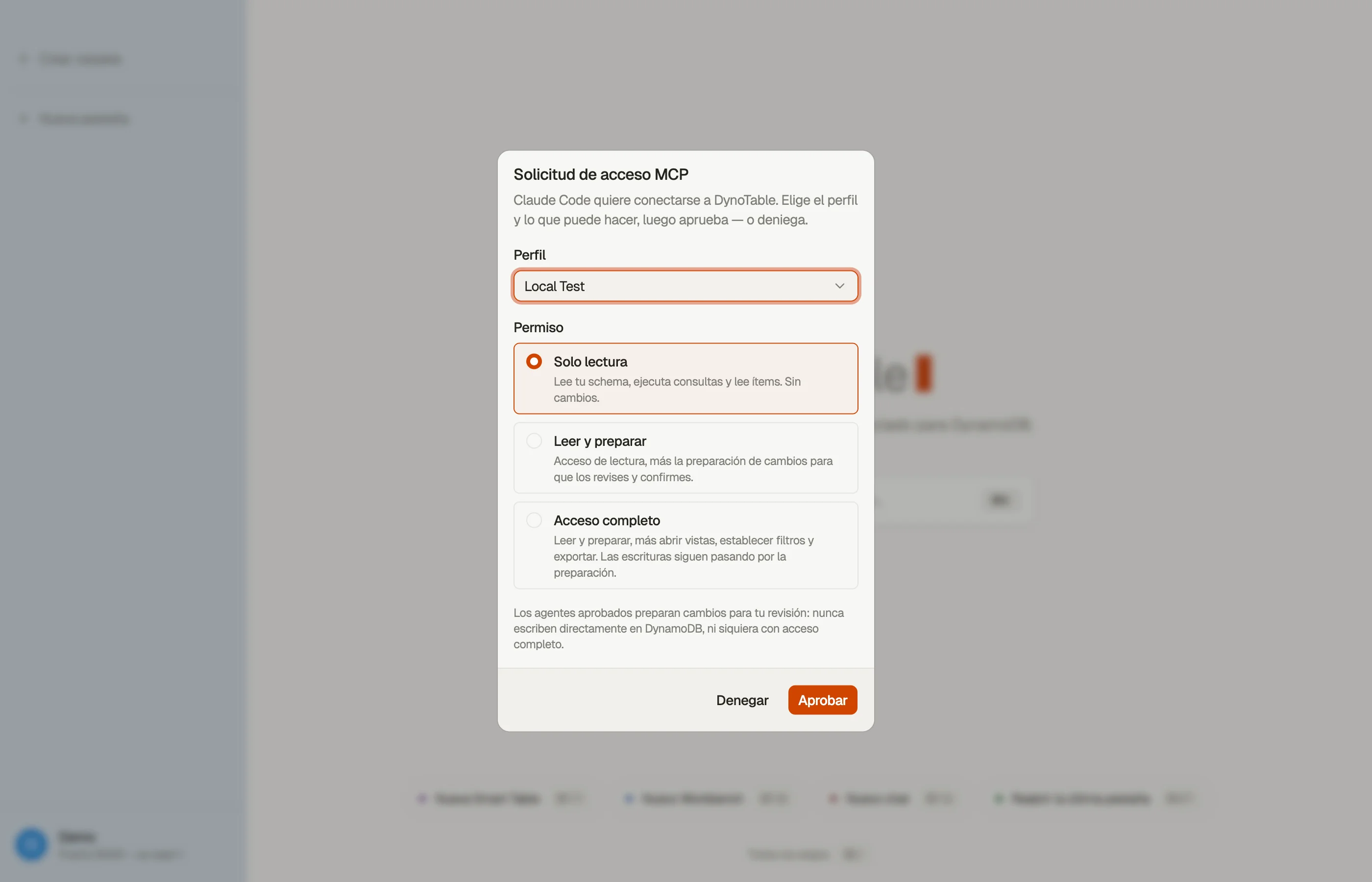 El aviso de consentimiento dentro de la app: un cliente que se conecta solicita acceso, y tú concedes uno de tres ámbitos o lo deniegas.