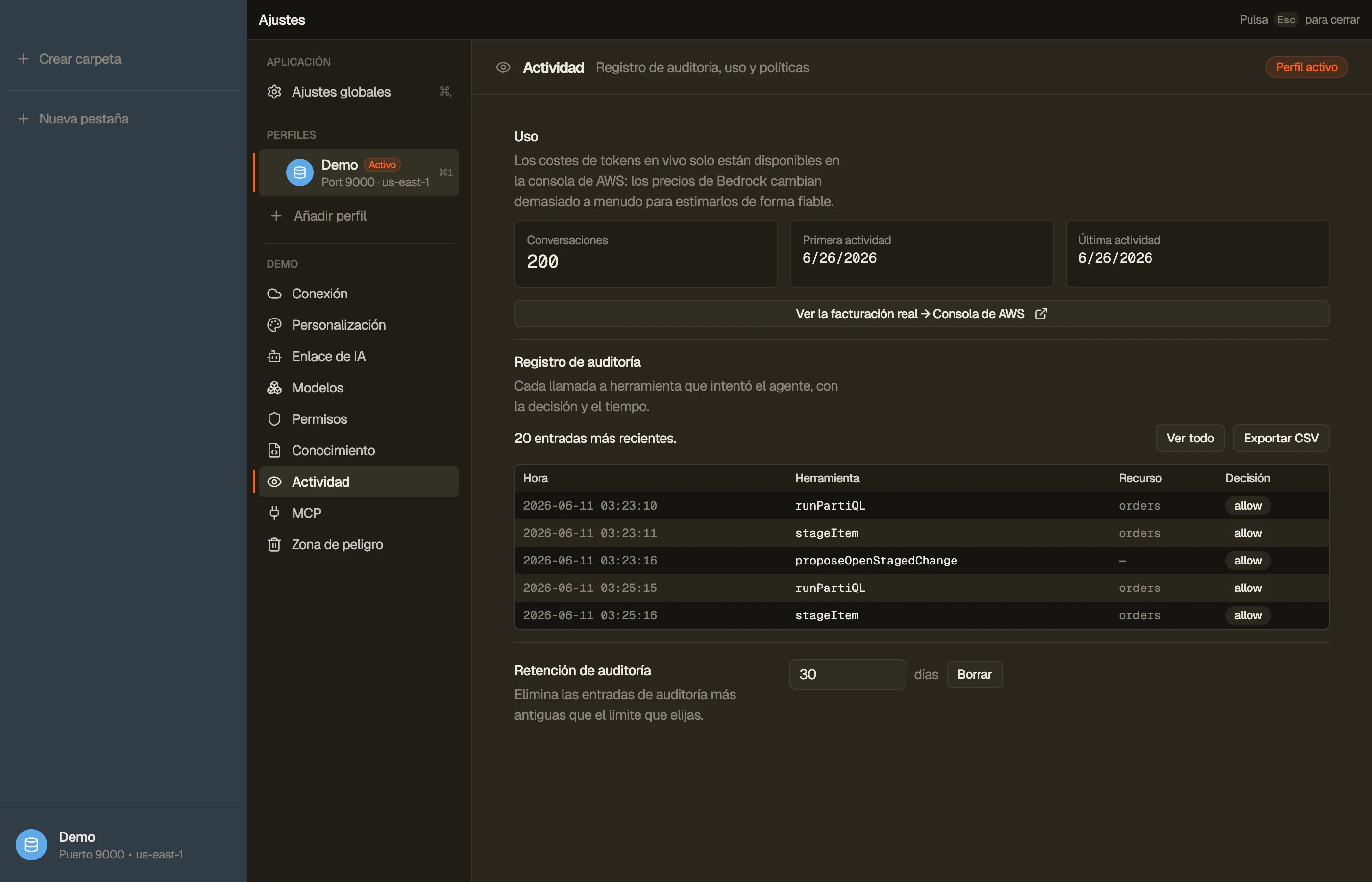 Actividad — el registro de auditoría local, el uso de IA y cualquier política de organización.
