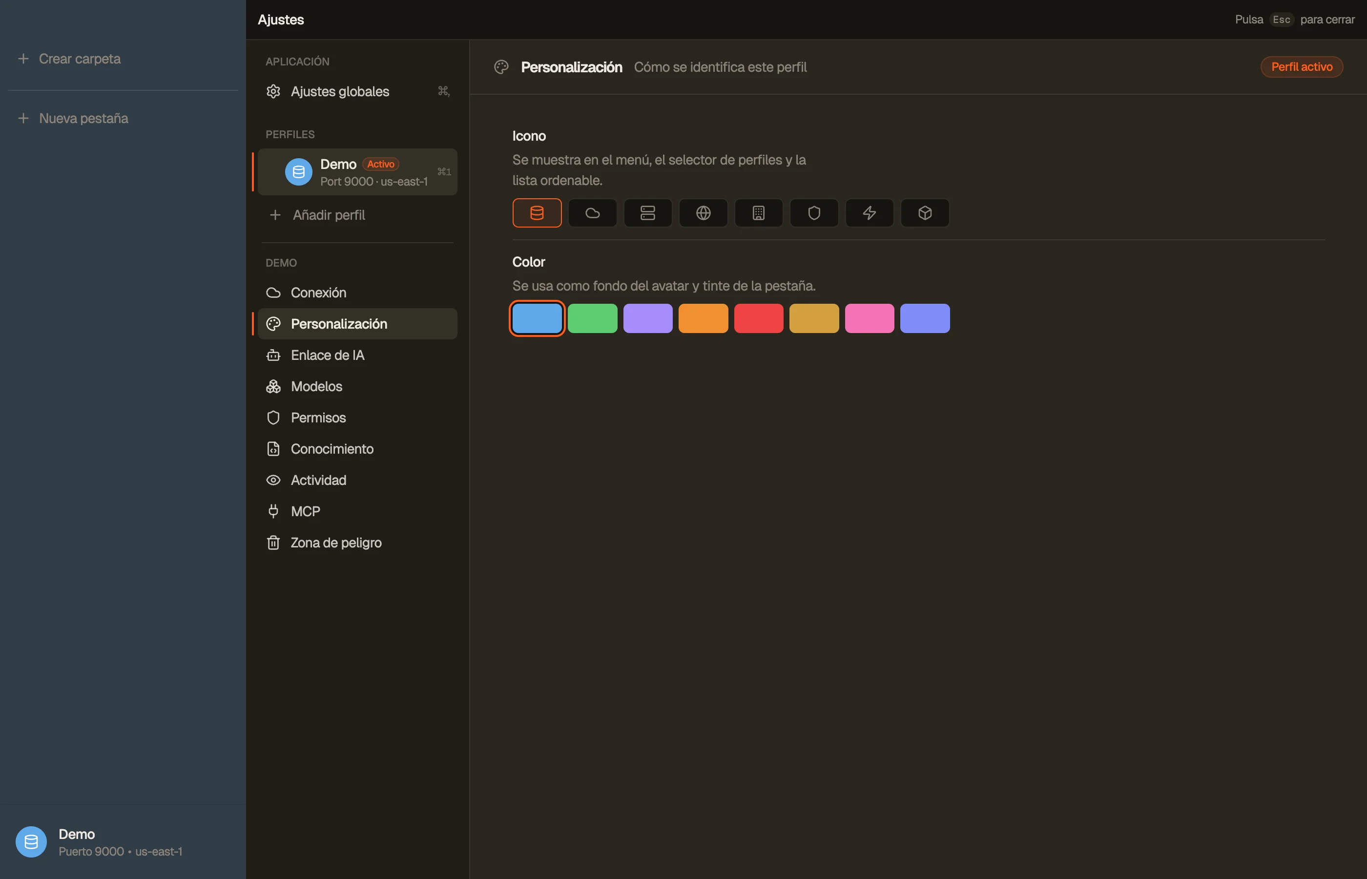 Personalización — el color y el icono del perfil.