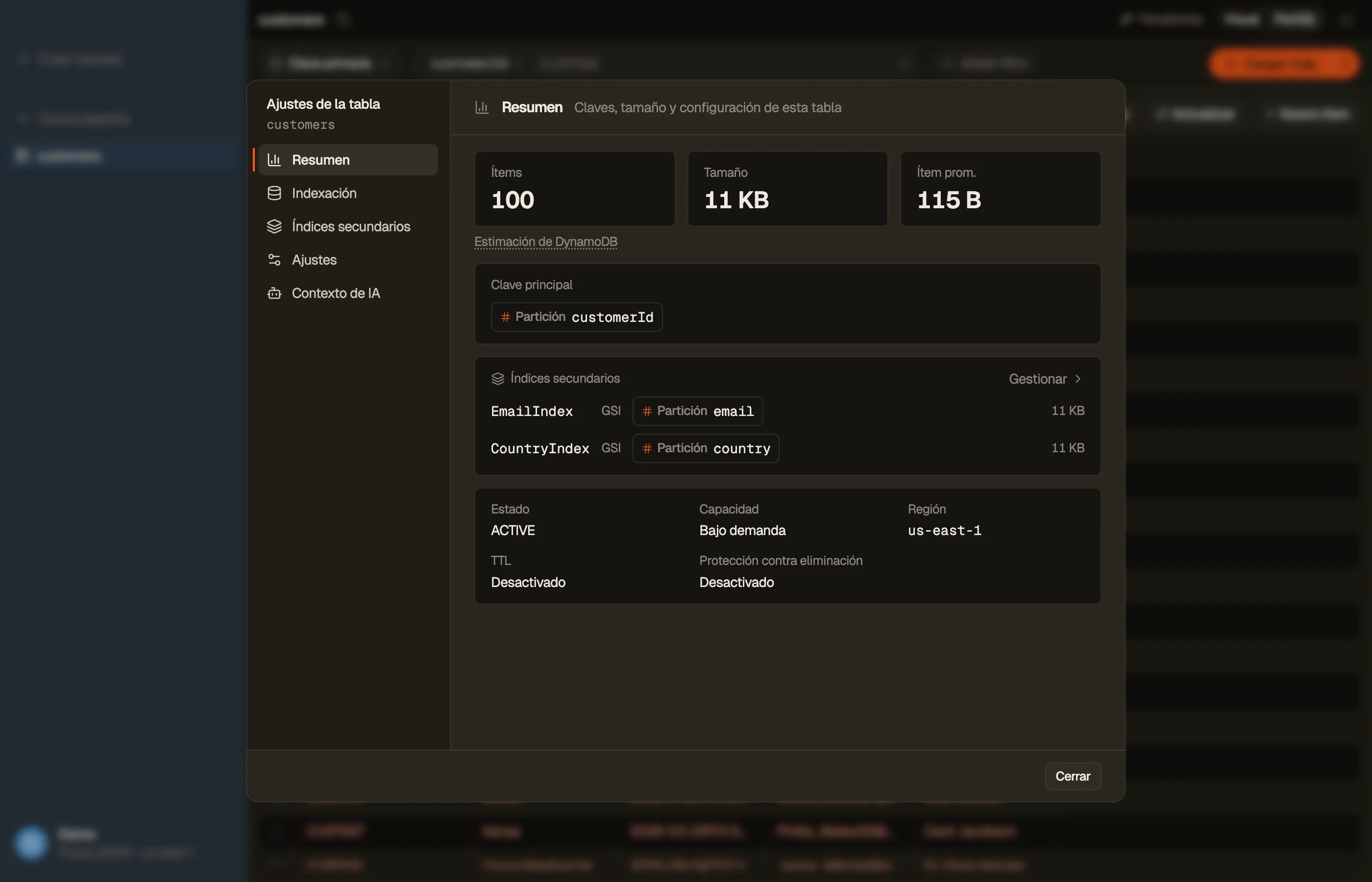 Sección Indexación de DynoTable: la lista de campos indexados con tipos y flags required/optional, y el botón Export de schema.
