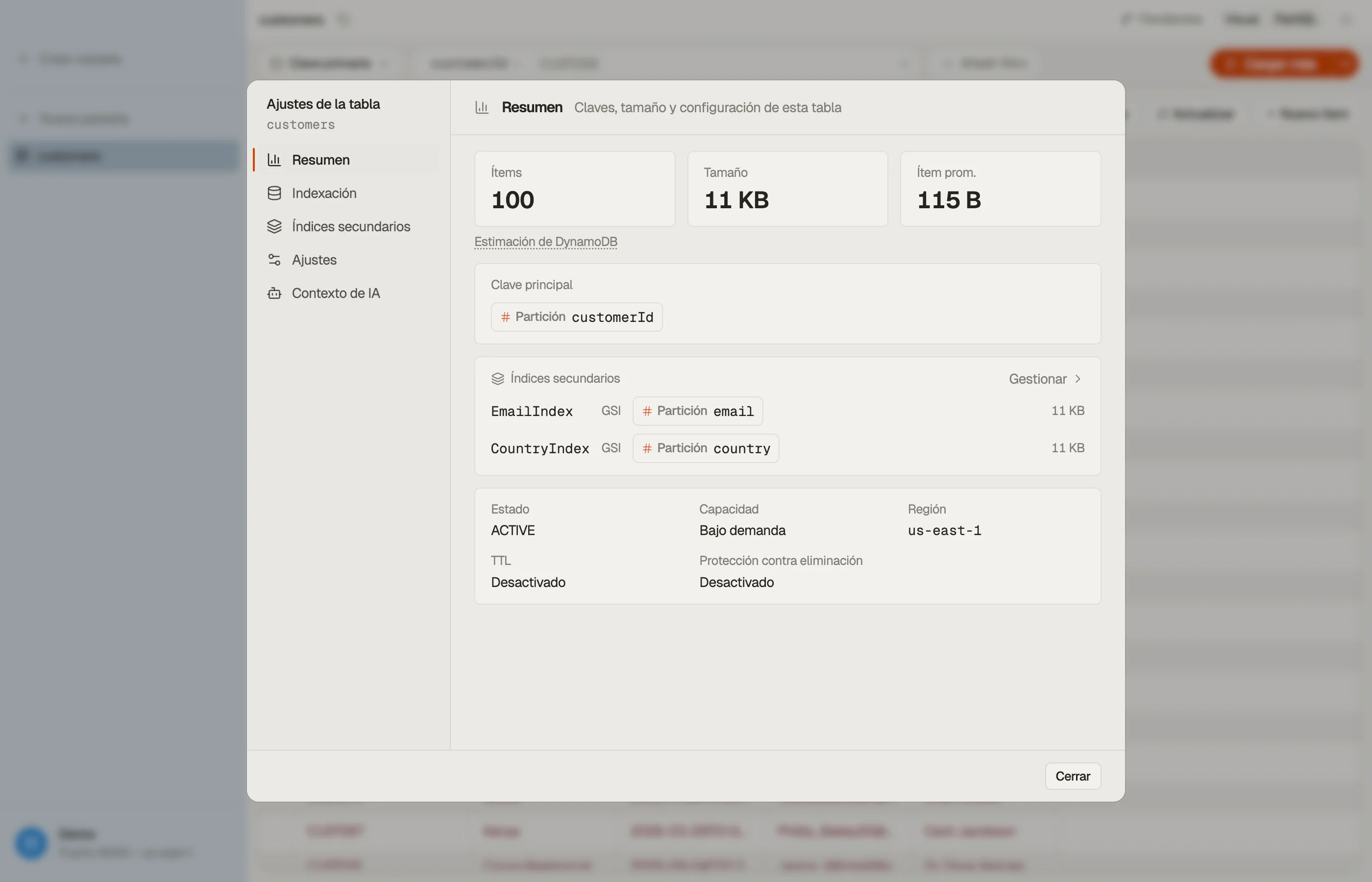Sección Indexación de DynoTable: la lista de campos indexados con tipos y flags required/optional, y el botón Export de schema.