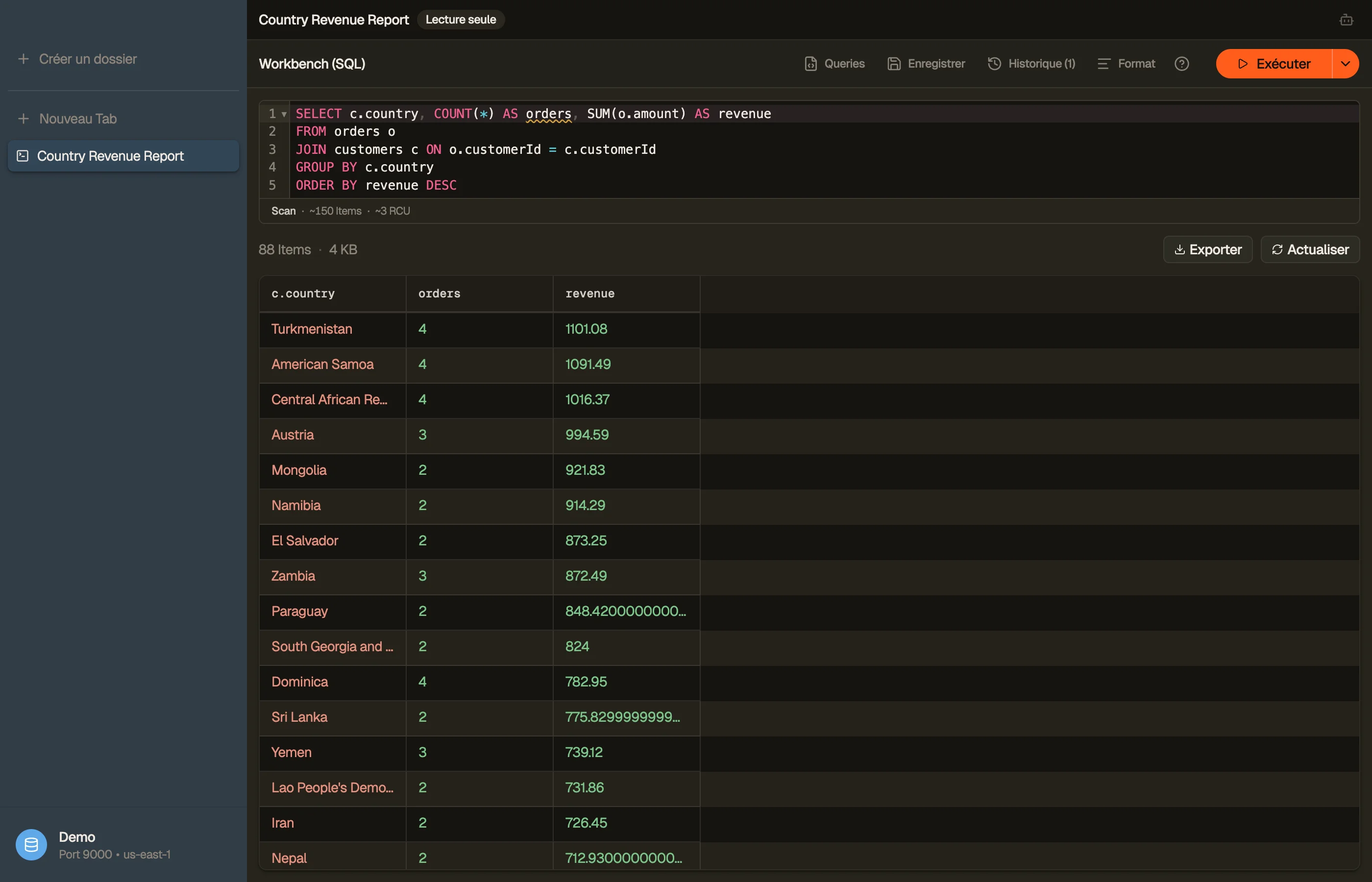 Le SQL Workbench de DynoTable compilant un JOIN avec GROUP BY en appels Query et Scan.