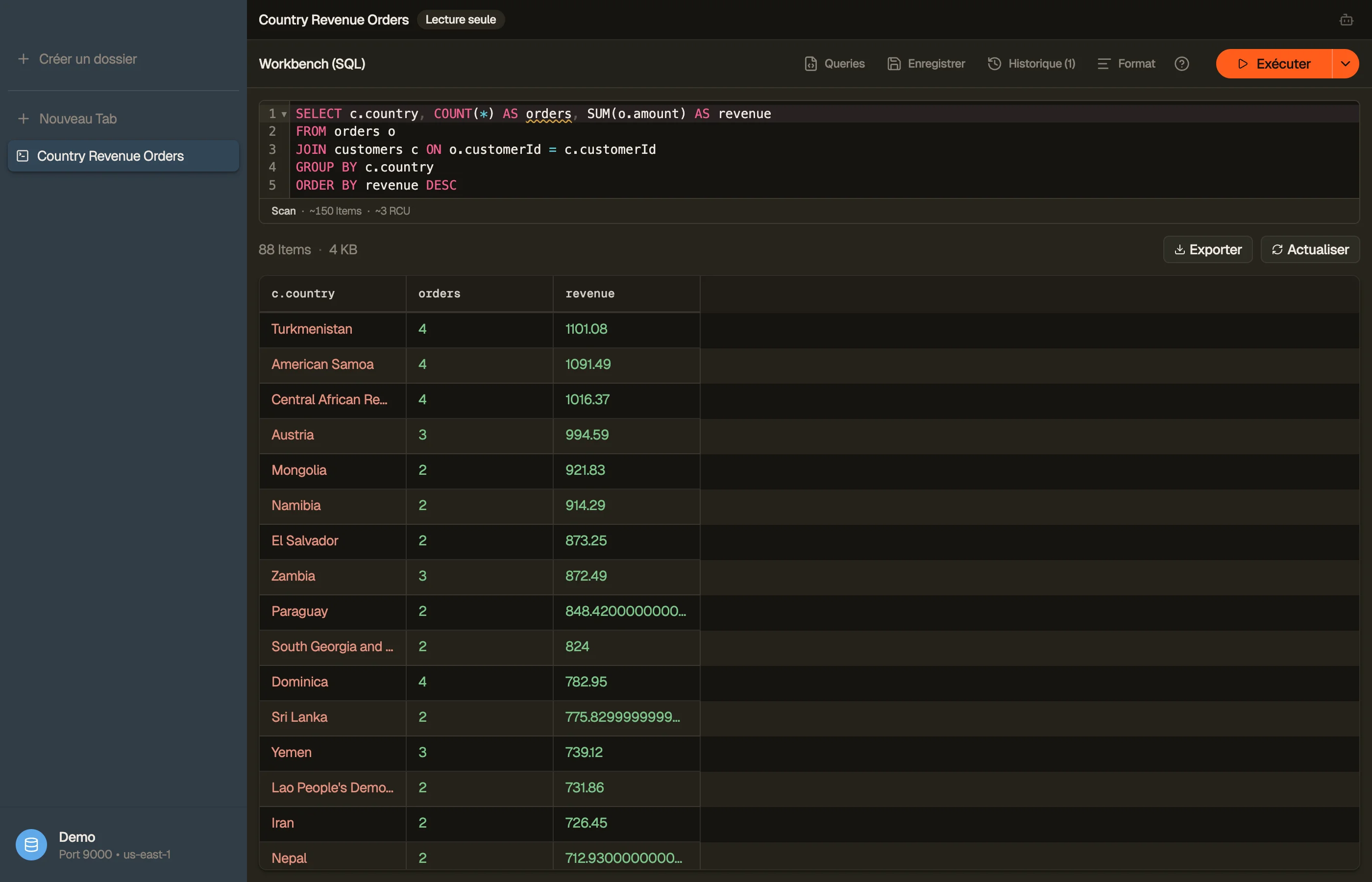 Le SQL Workbench de DynoTable exécutant un JOIN avec GROUP BY sur deux tables DynamoDB.