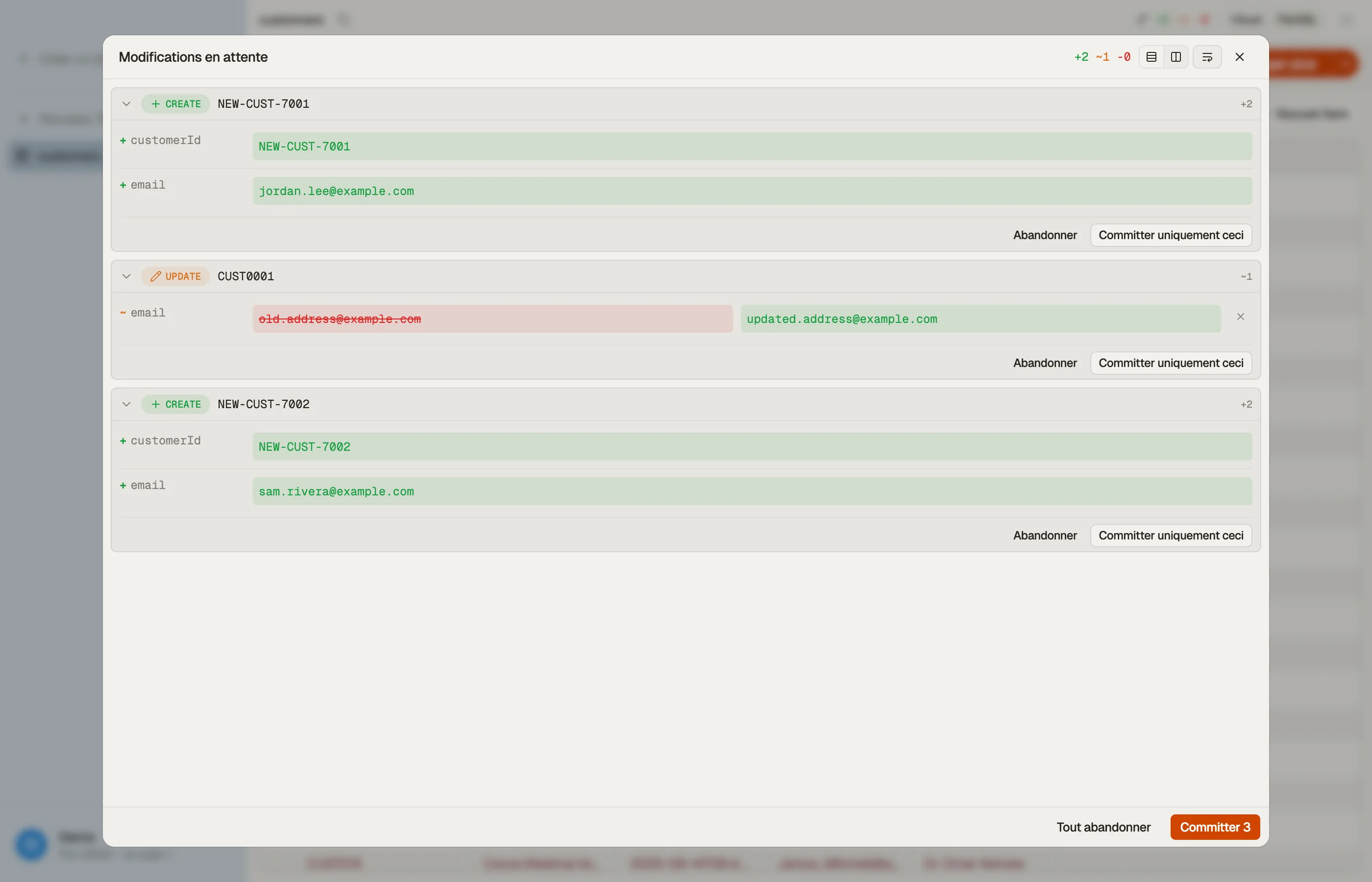 Le diff de commit stagé de DynoTable avant que quoi que ce soit ne soit écrit dans DynamoDB.