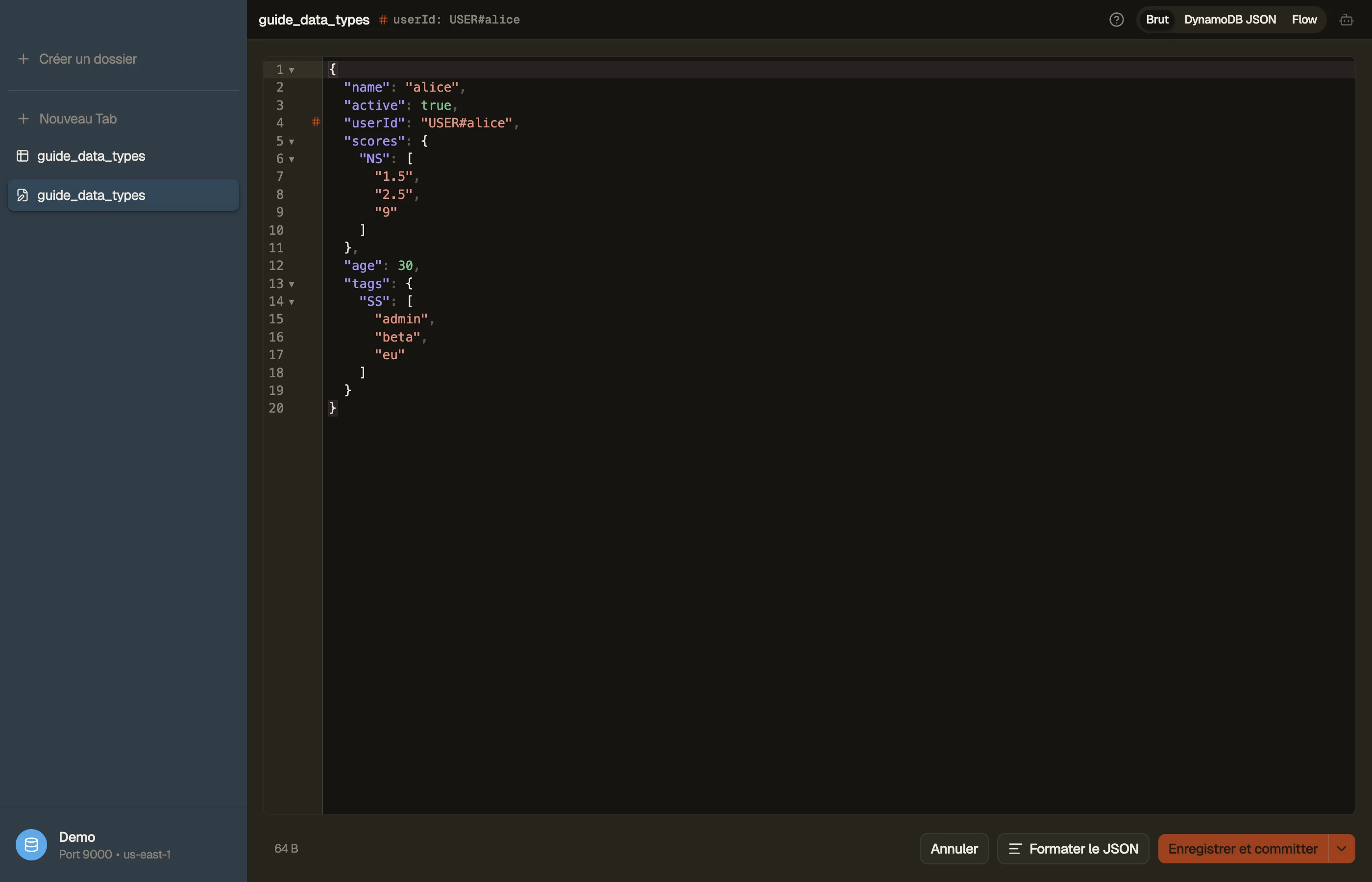 L'éditeur d'items de DynoTable affichant un item avec un ensemble de nombres et un ensemble de chaînes, et la bascule JSON brut / DynamoDB-JSON.