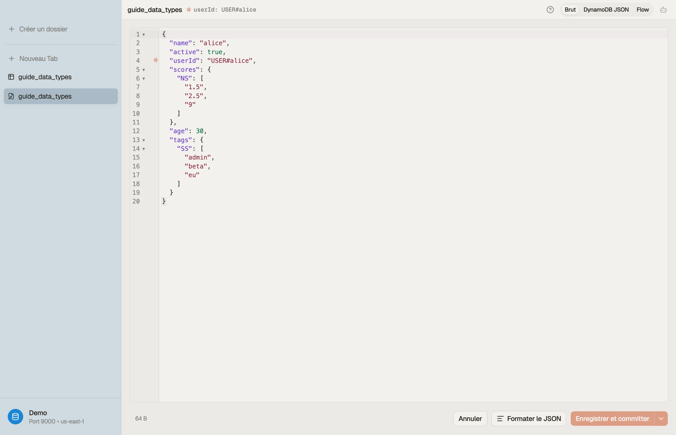 L'éditeur d'items de DynoTable affichant un item avec un ensemble de nombres et un ensemble de chaînes, et la bascule JSON brut / DynamoDB-JSON.