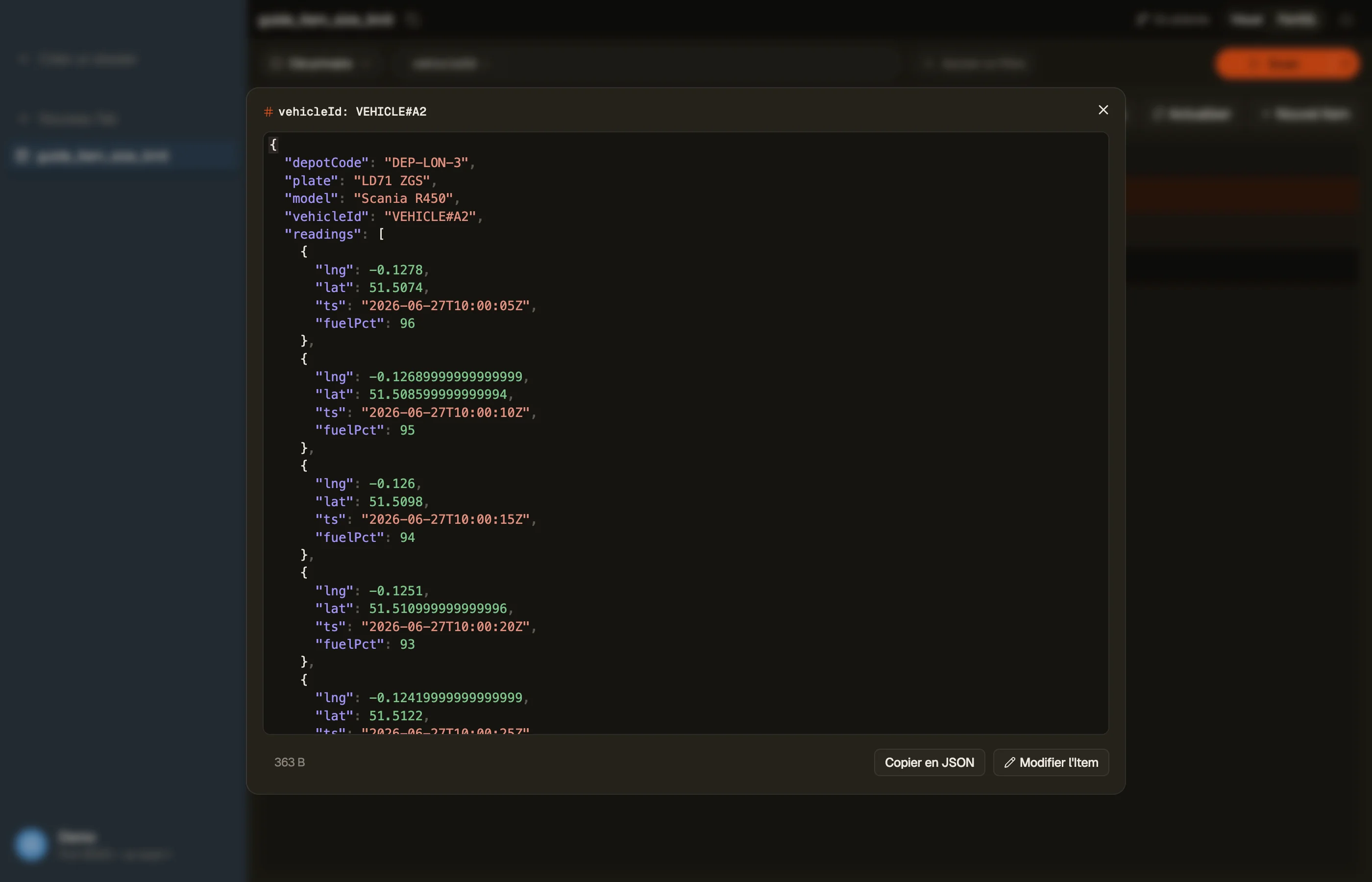 Inspection des attributs d'un seul item dans le Quick View de DynoTable.