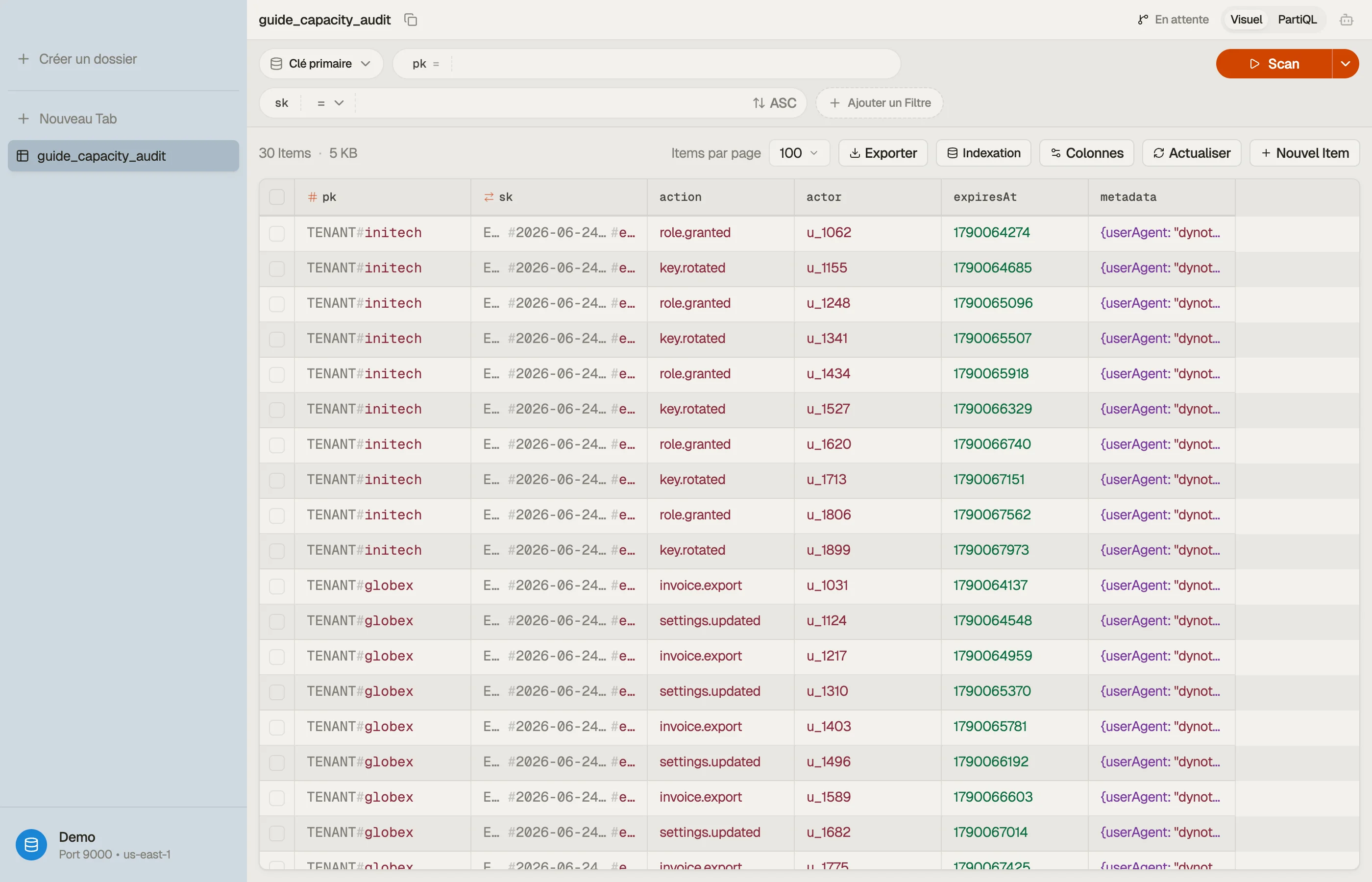 Navigation dans la table audit-log dans DynoTable ; le nombre et la taille des items dans la barre d'outils sont les entrées d'une décision de mode de capacité.