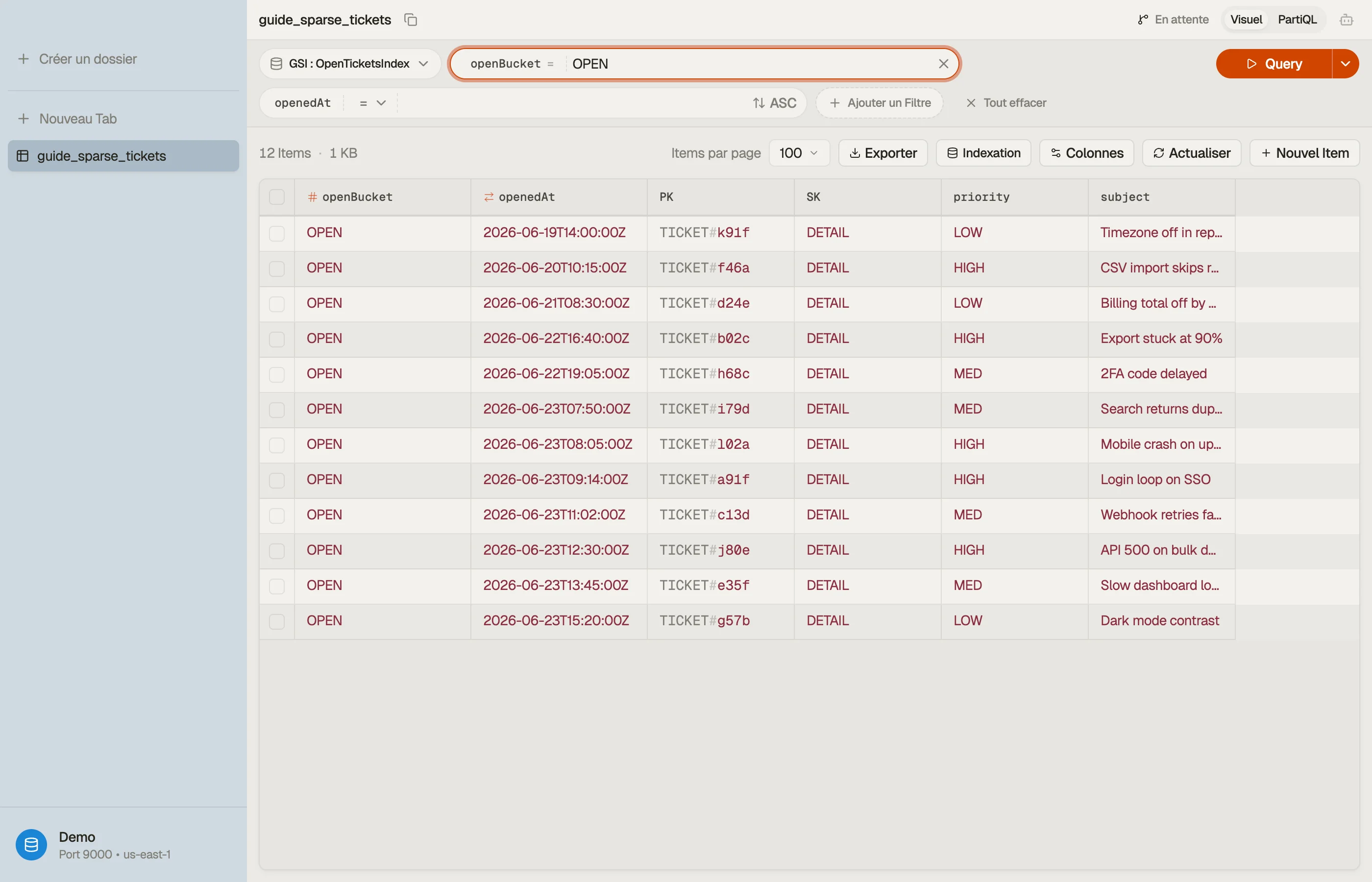 La table de tickets de support vue à travers son sparse GSI tickets-ouverts dans DynoTable, ne montrant que les items qui portent la clé openBucket.