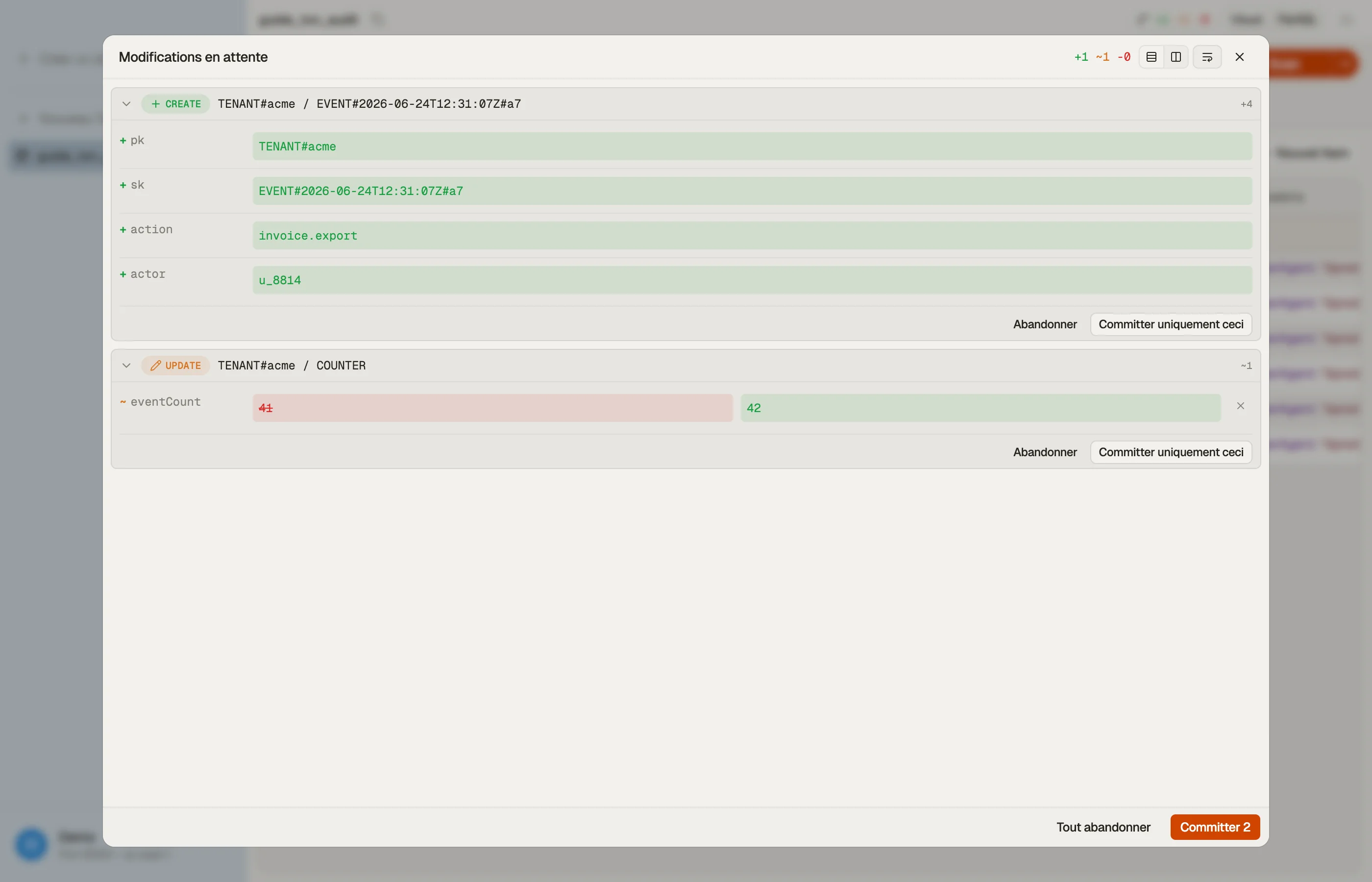 Mise en attente du nouvel événement d'audit et de la modification du compteur du tenant dans DynoTable, puis validation des deux en une seule transaction tout-ou-rien.