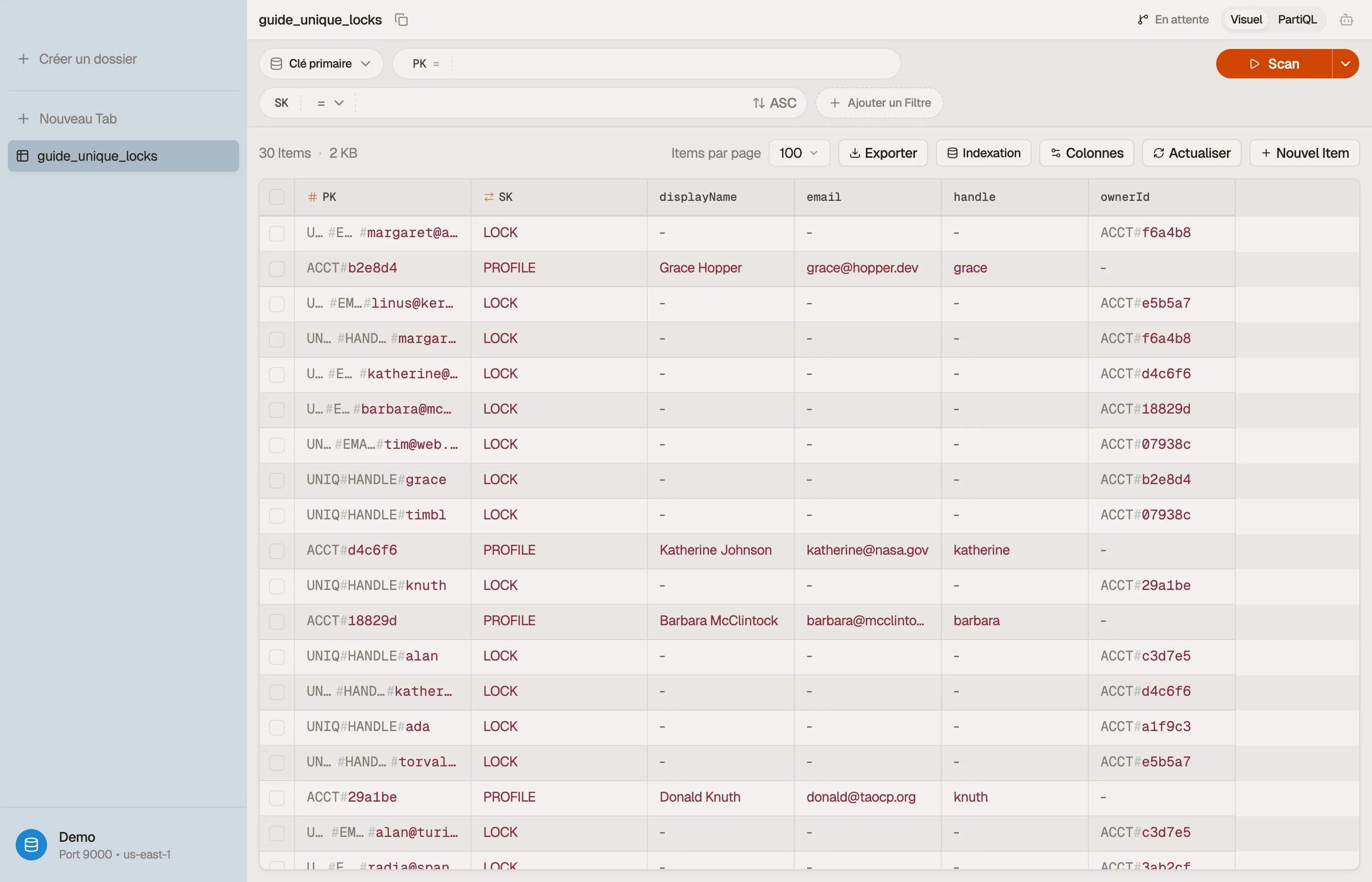 DynoTable parcourant la table — items de compte entremêlés avec leurs items de verrou UNIQ#EMAIL et UNIQ#HANDLE.