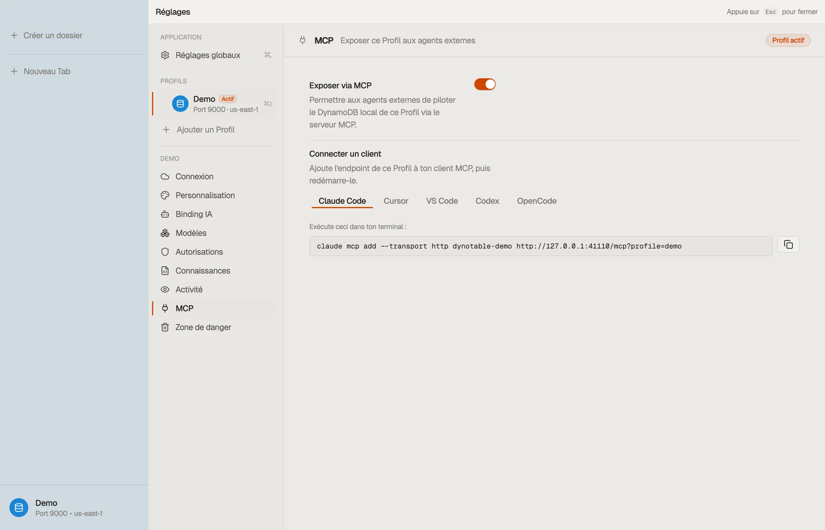 La section MCP d’un profil avec « Exposer via MCP » activé — le bloc de connexion propre au profil affiche l’endpoint à ajouter à ton client.