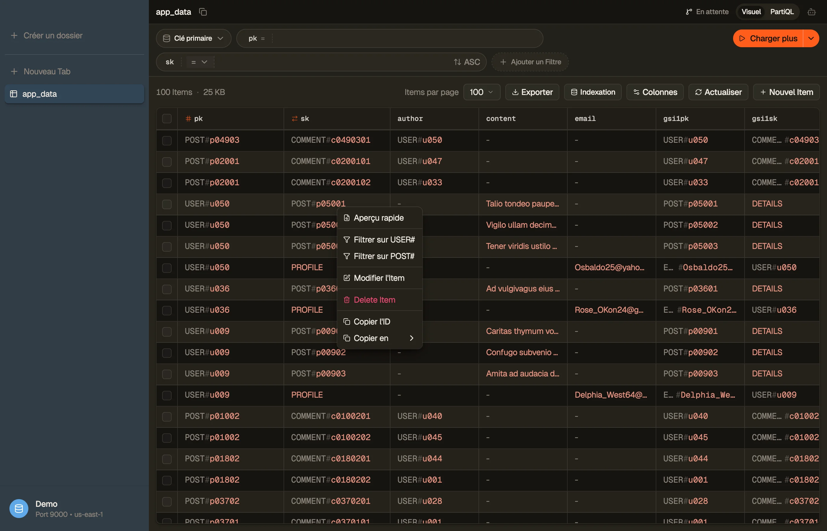 Le menu contextuel par clic droit sur une table surchargée — Filtrer sur USER# et Filtrer sur POST# en facettes au-dessus de clés décodées en segments étiquetés.