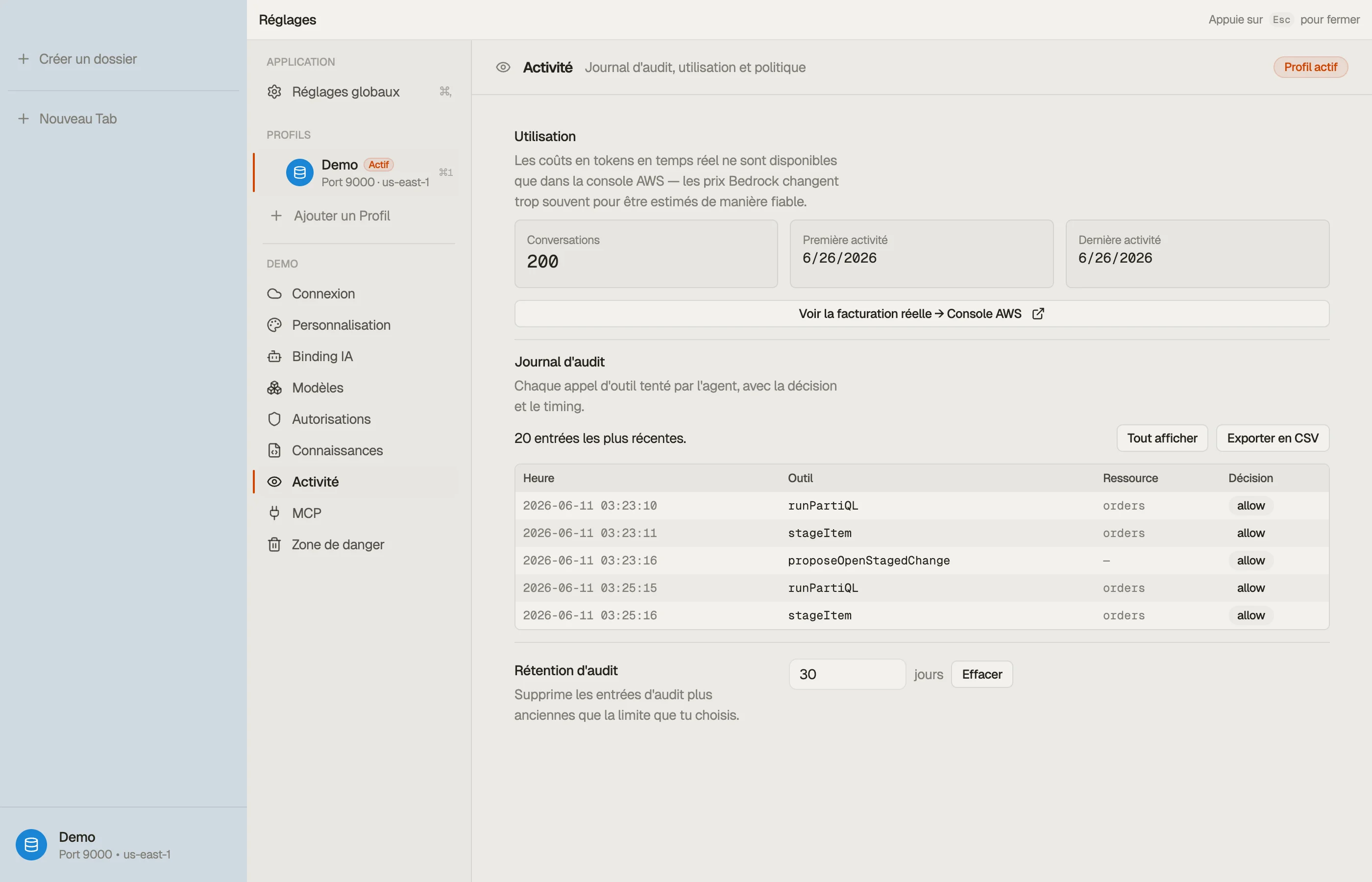 Activité — le journal d'audit local, l'usage de l'IA, et toute politique d'org.