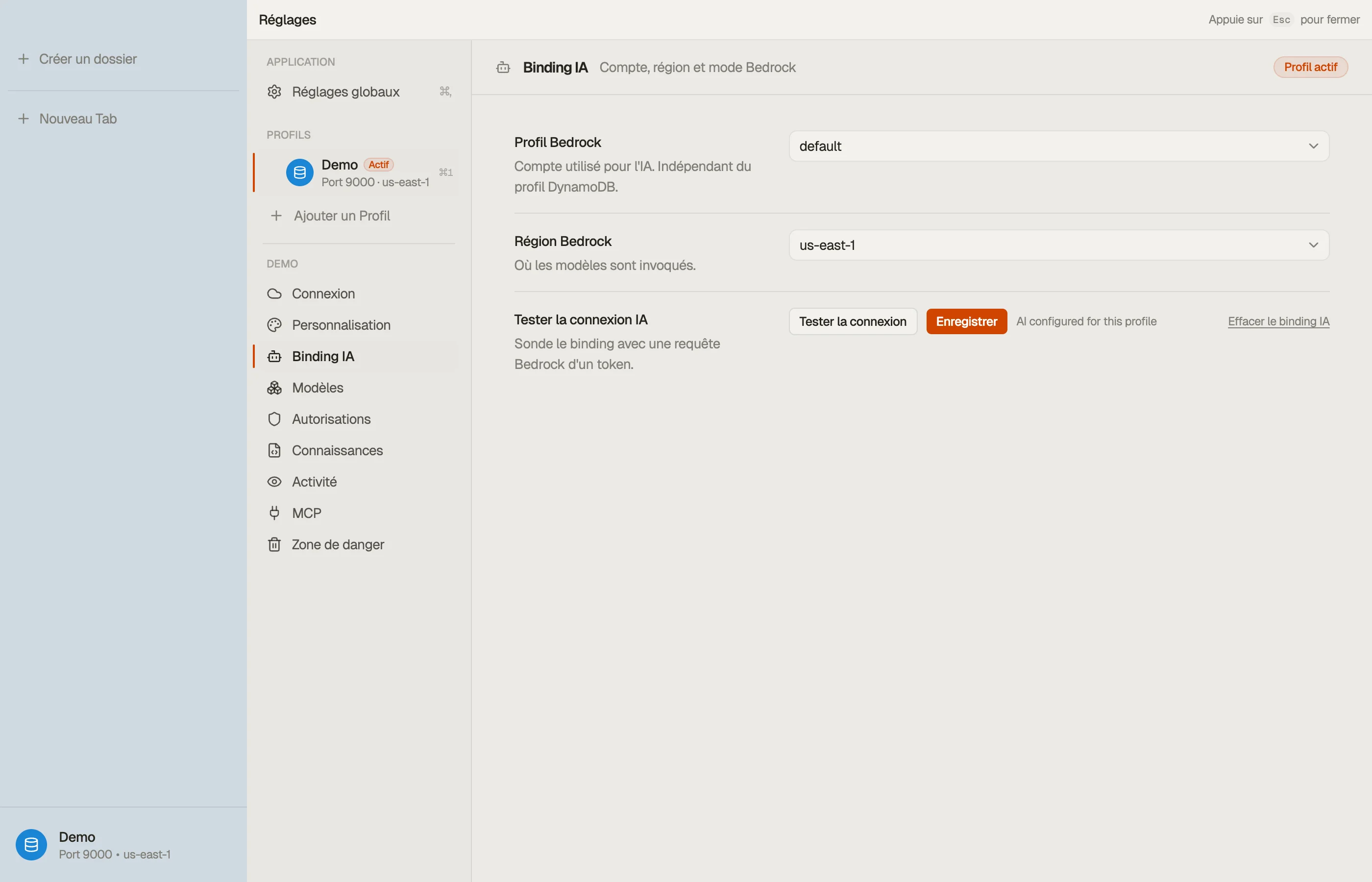 Liaison IA — le compte Bedrock, la région et le test de connexion.