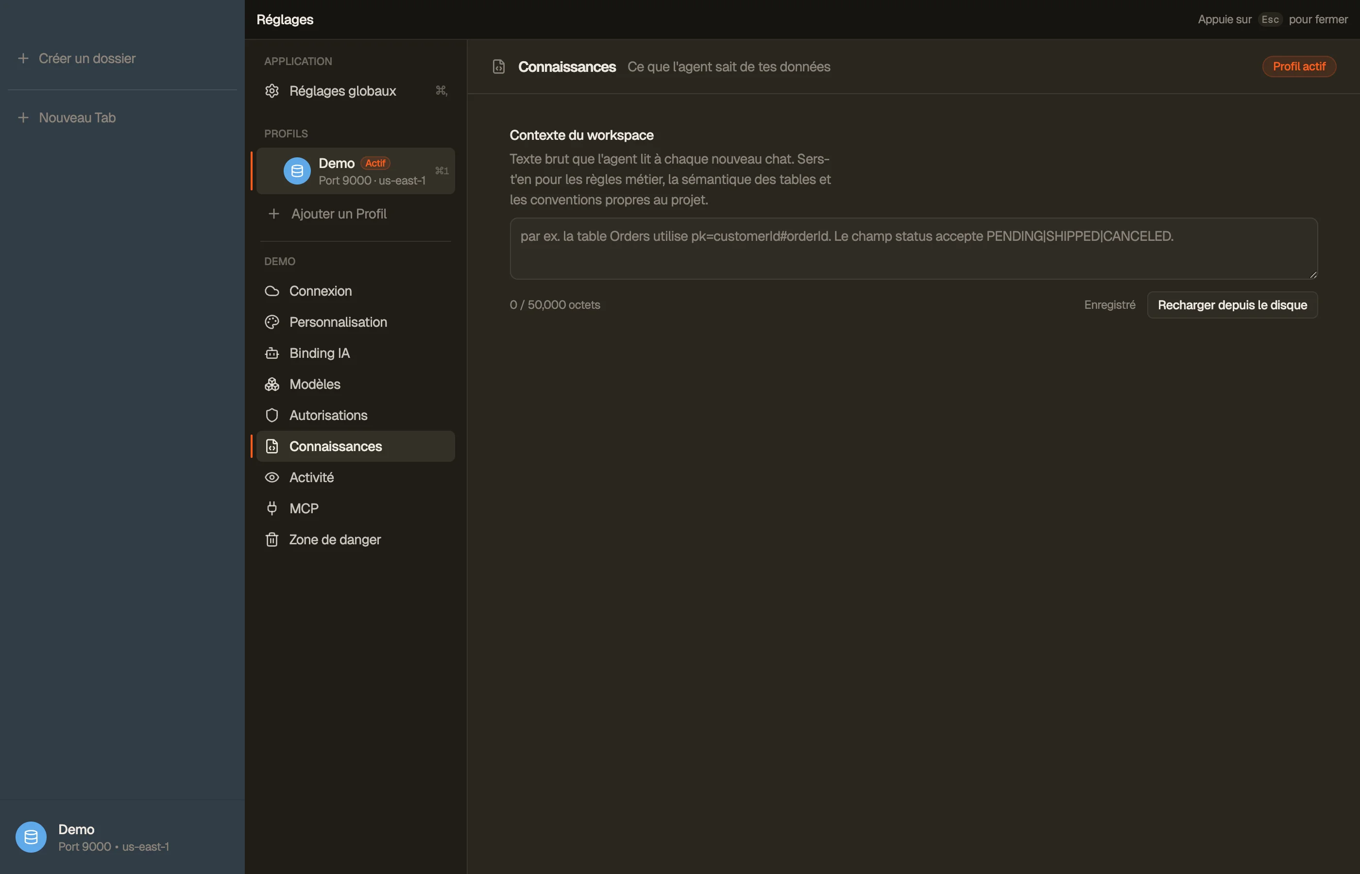 Connaissances — les notes d'espace de travail que l'assistant lit comme contexte permanent.