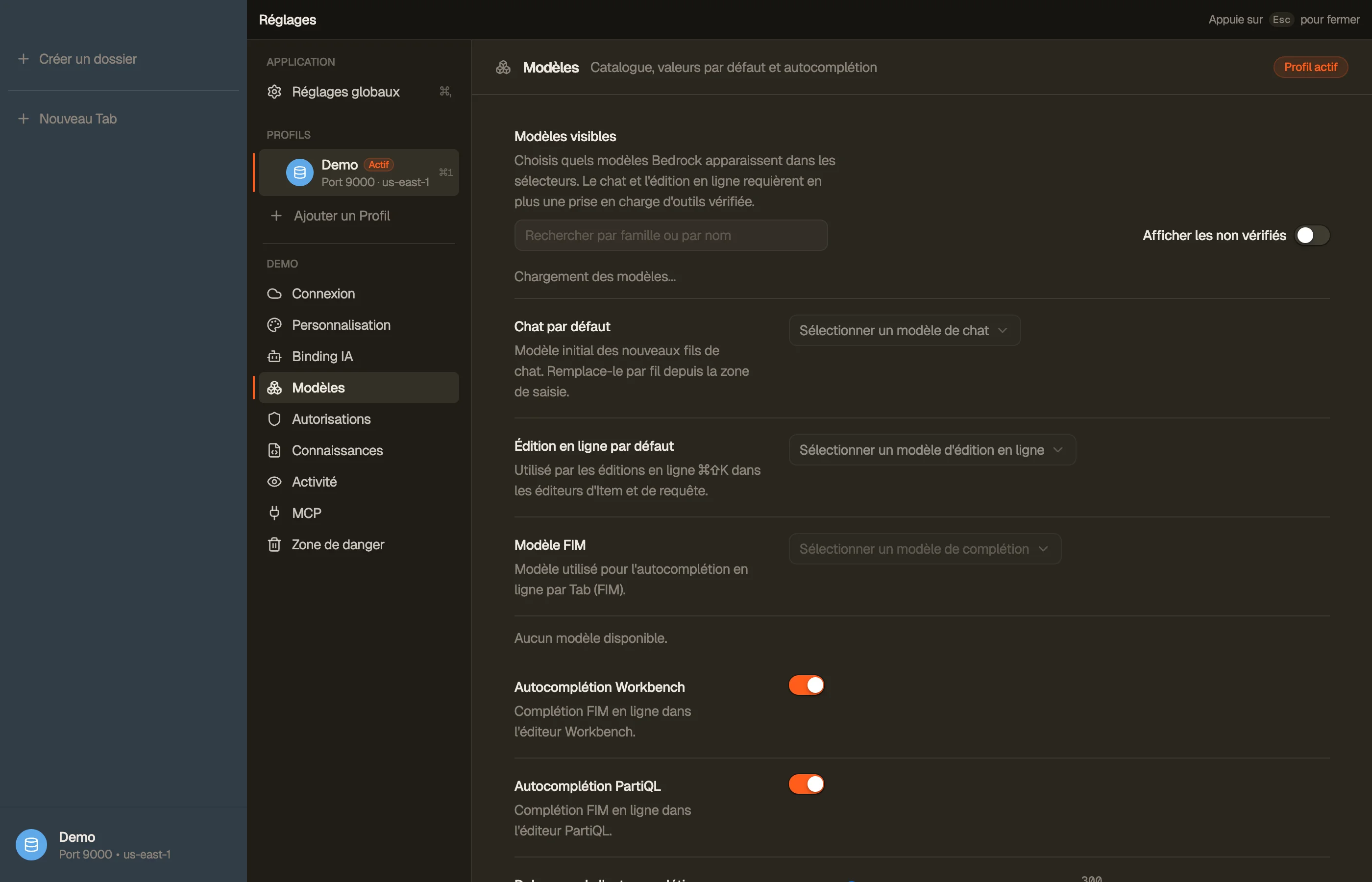 Modèles — le catalogue, tes valeurs par défaut par surface, et quels modèles sont visibles.