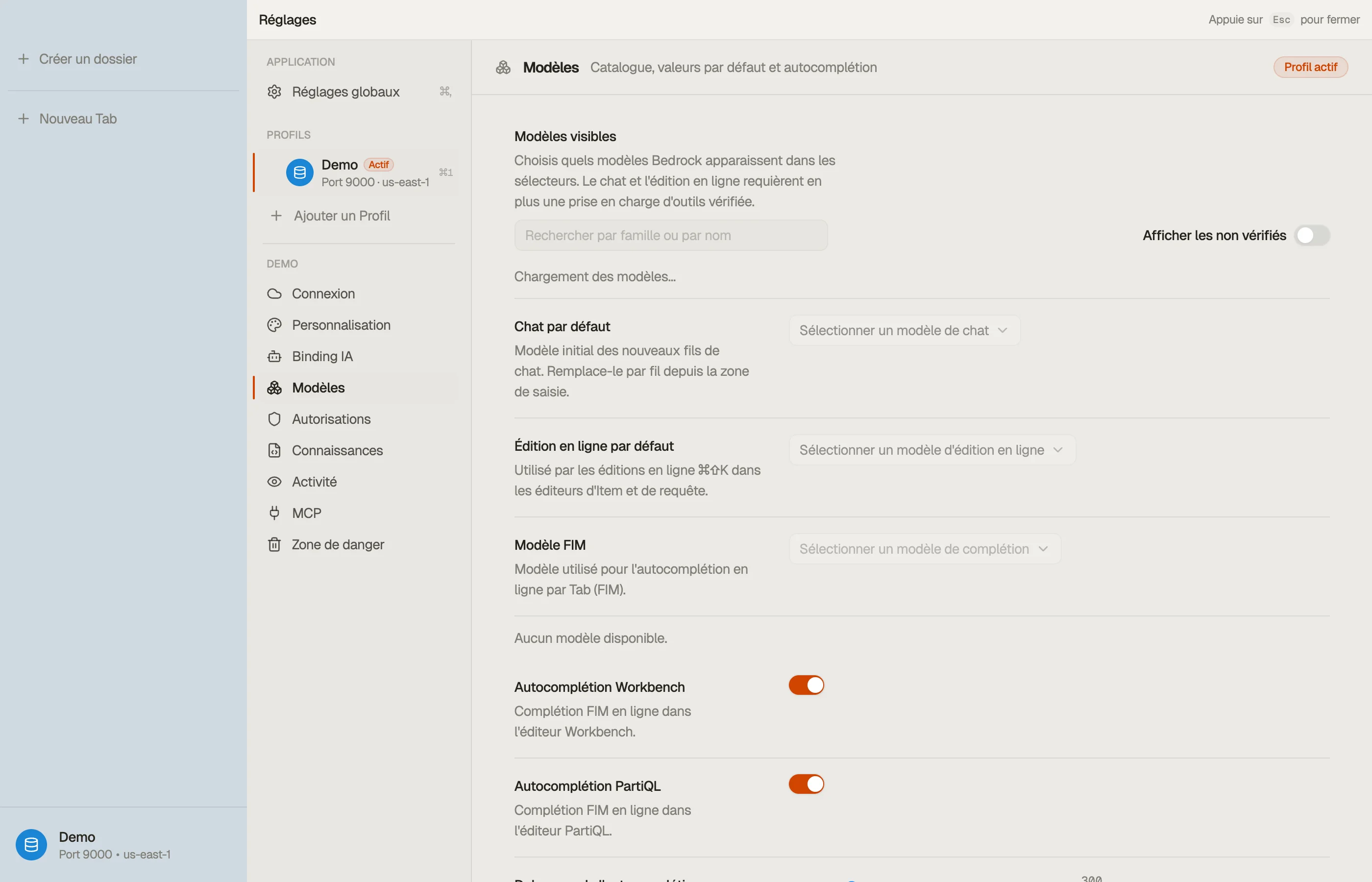 Modèles — le catalogue, tes valeurs par défaut par surface, et quels modèles sont visibles.