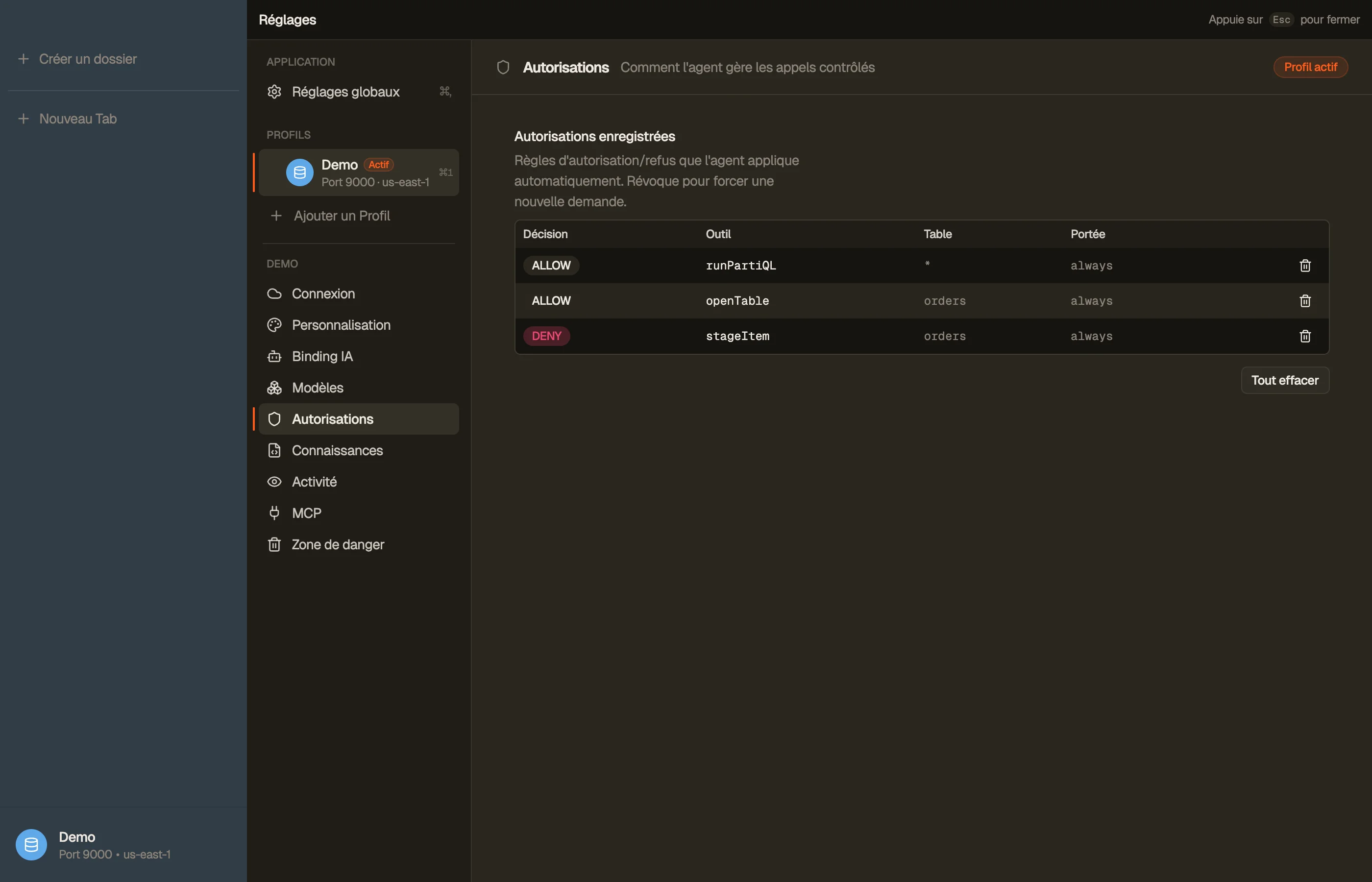 Permissions — le tableau des accords enregistrés.