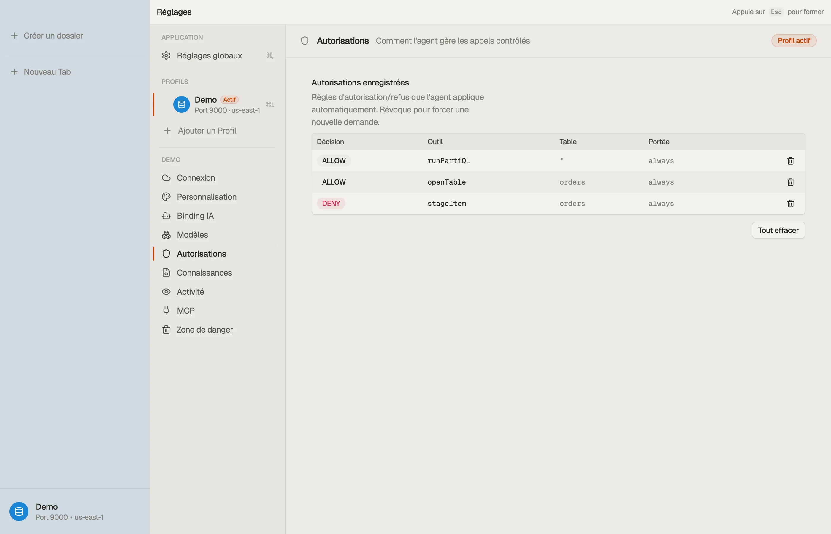 Permissions — le tableau des accords enregistrés.