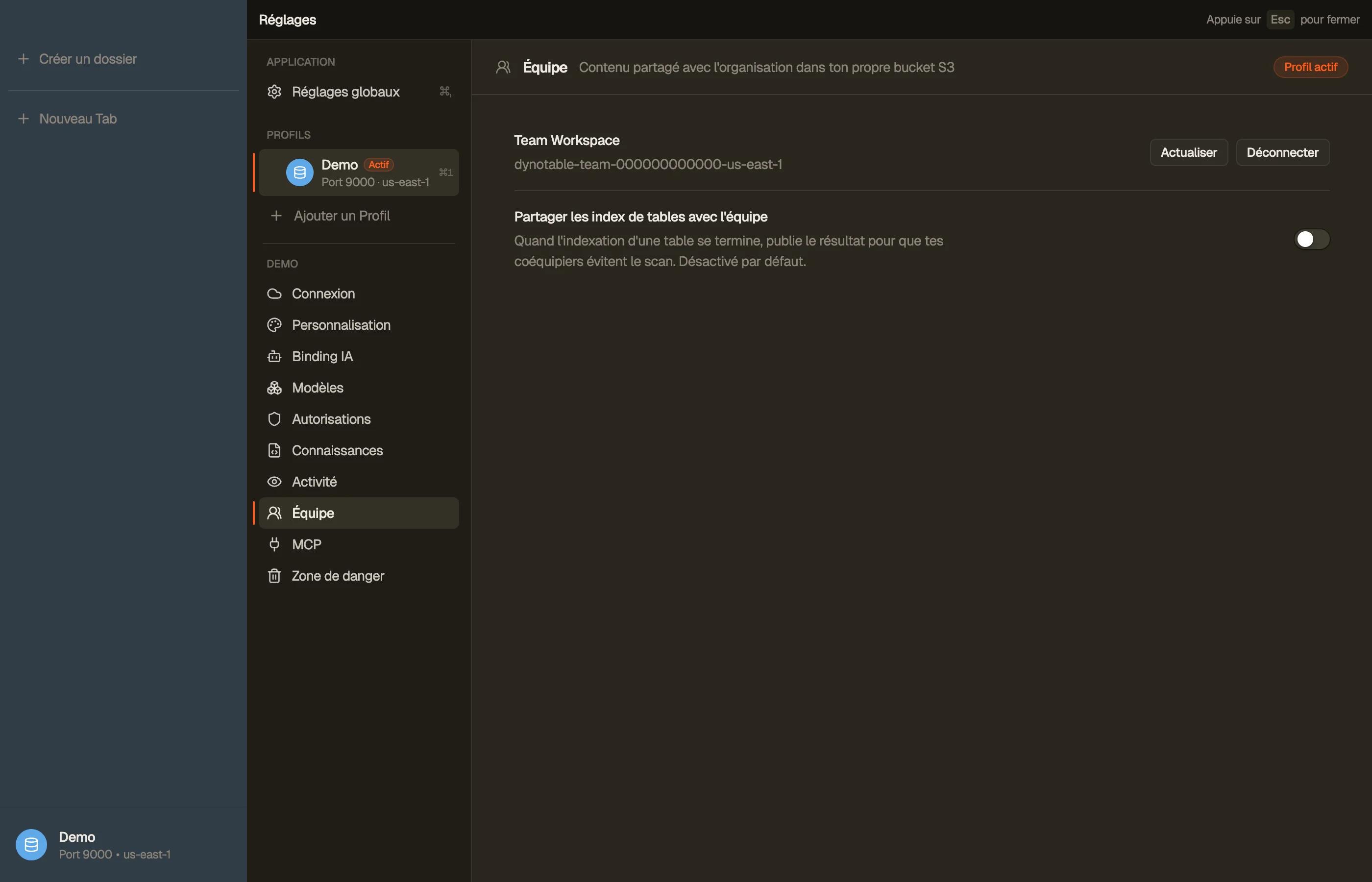 Un espace de travail d'équipe connecté dans les réglages Team d'un profil, montrant le bucket de l'espace de travail et les commandes de synchronisation.