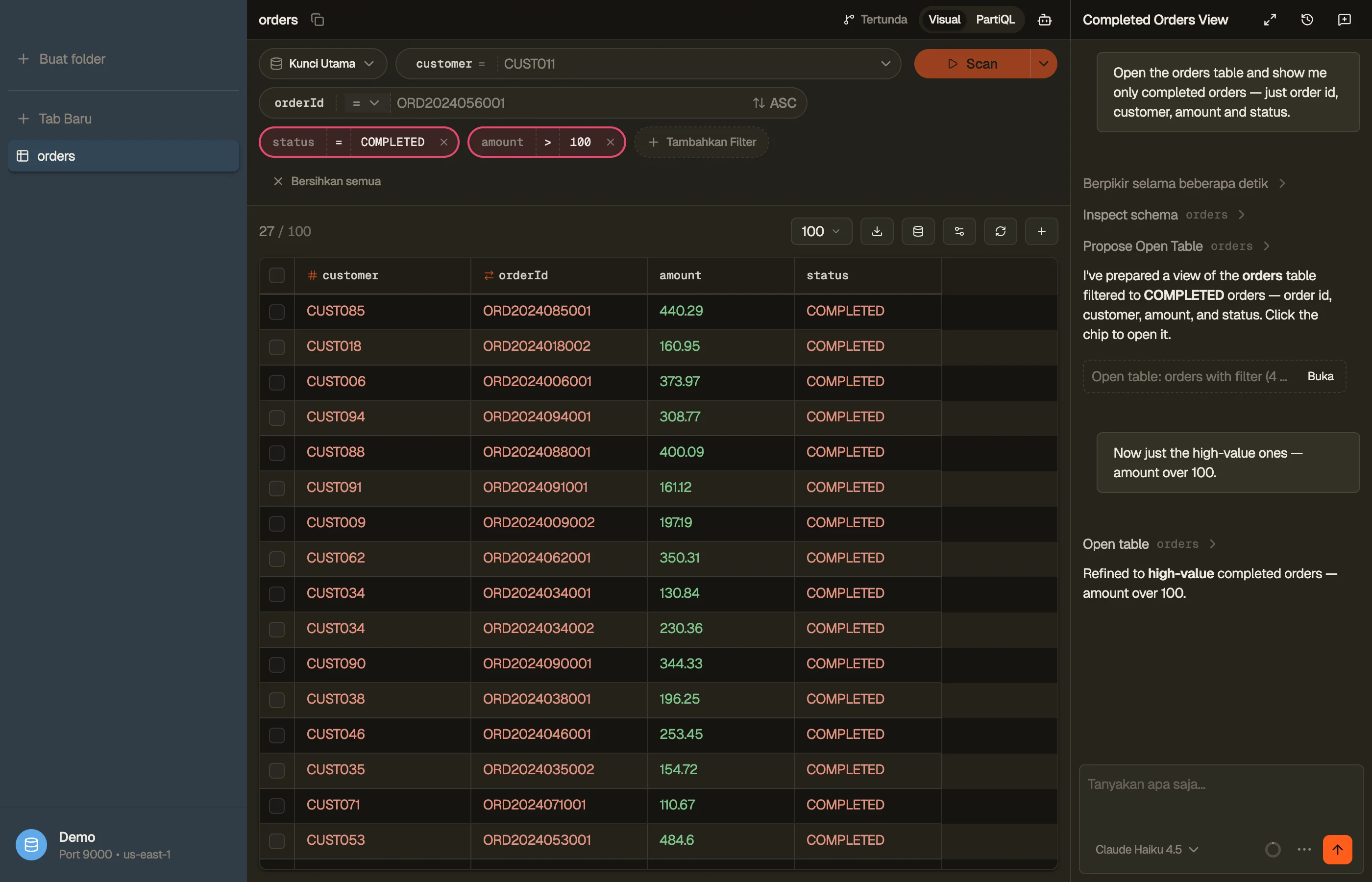 Sidebar obrolan AI ditambatkan di kanan, di samping tab tabel yang terbuka.