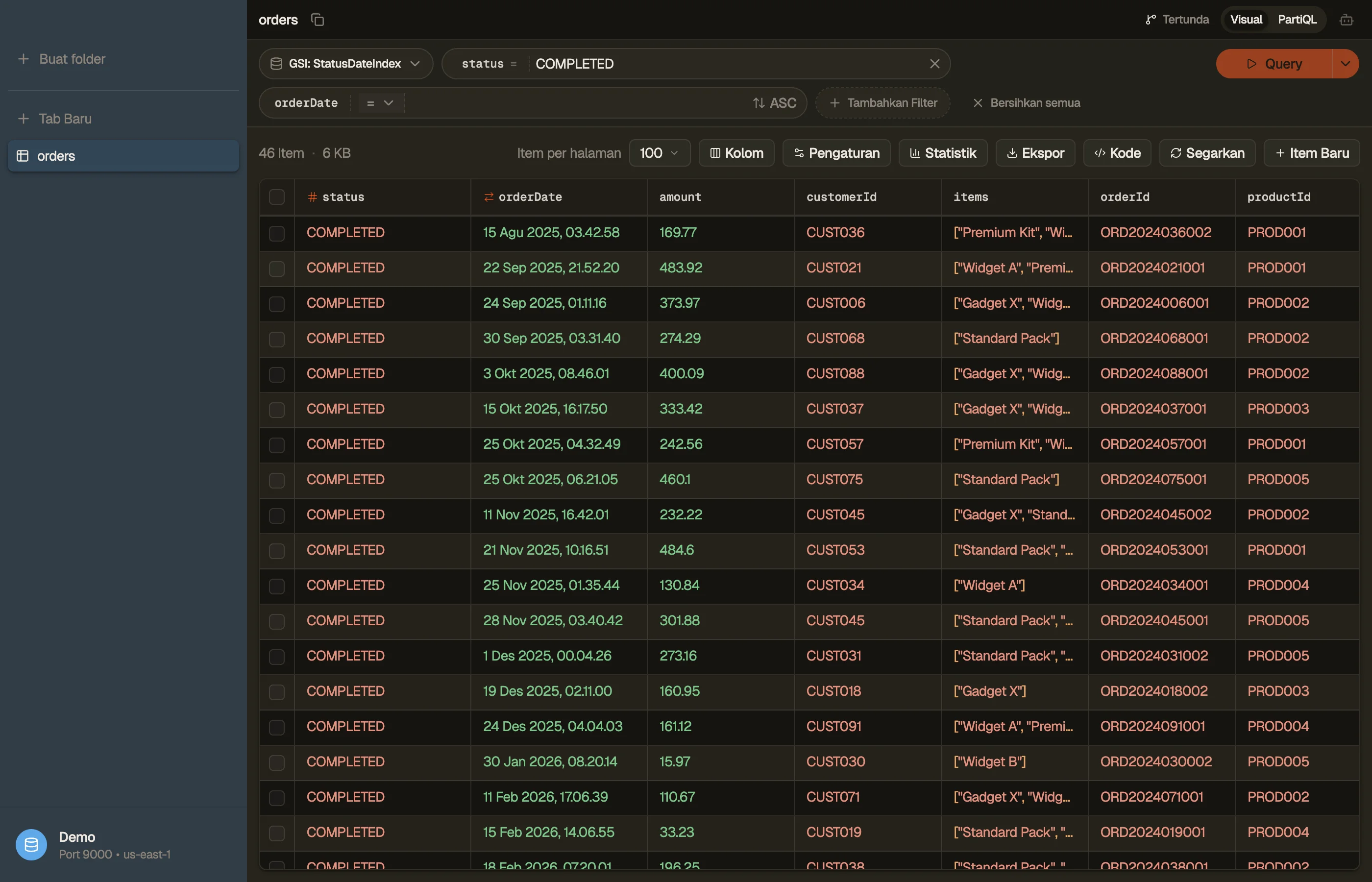 Filter builder visual DynoTable dengan pemilih index dan lencana Query hasil derivasi.