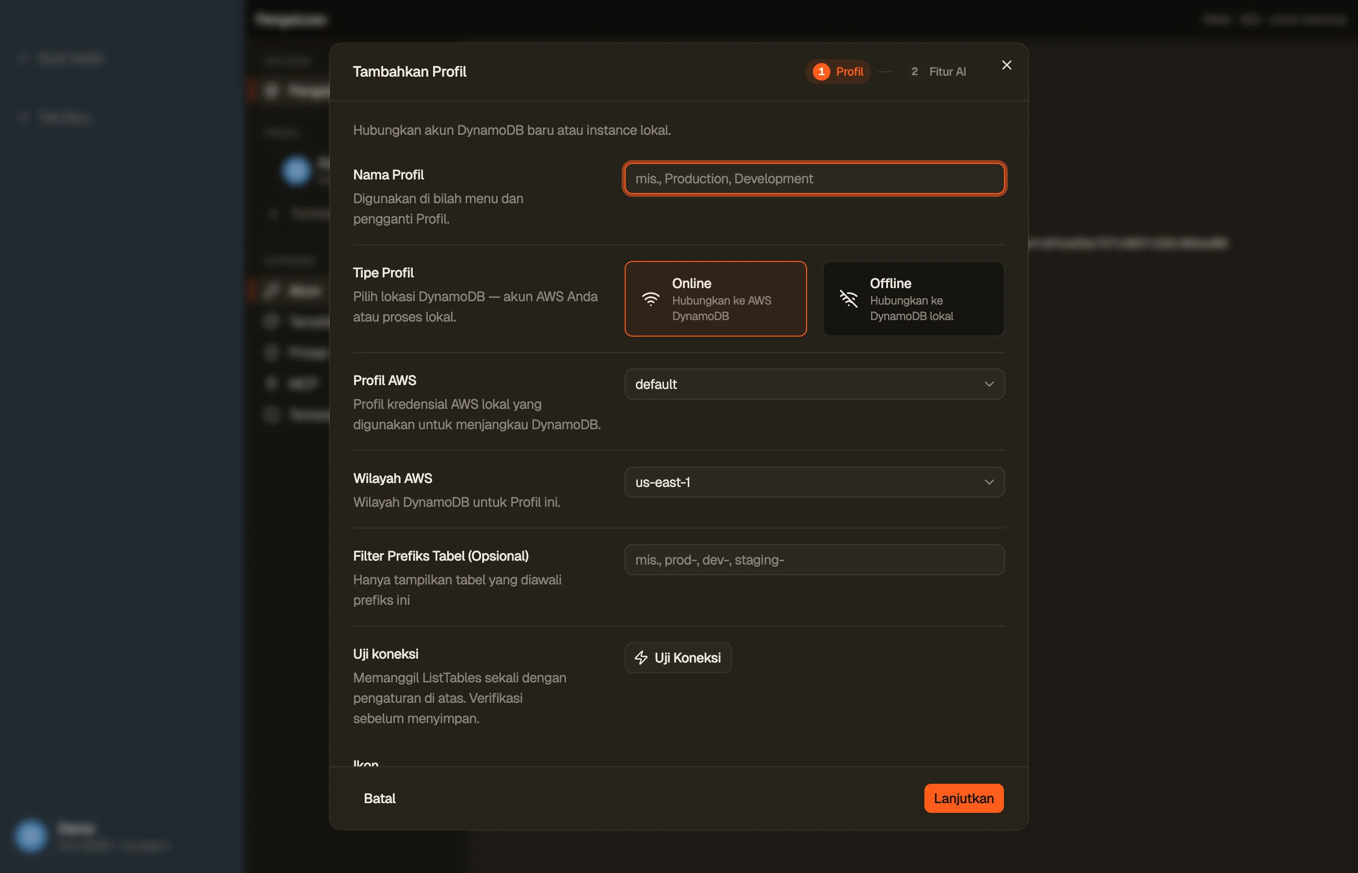 Dialog Add Profile: nama, AWS profile, region default, warna, dan ikon.