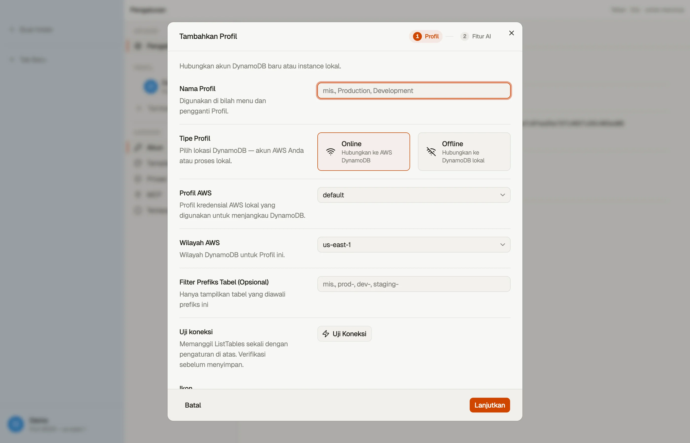 Dialog Add Profile: nama, AWS profile, region default, warna, dan ikon.