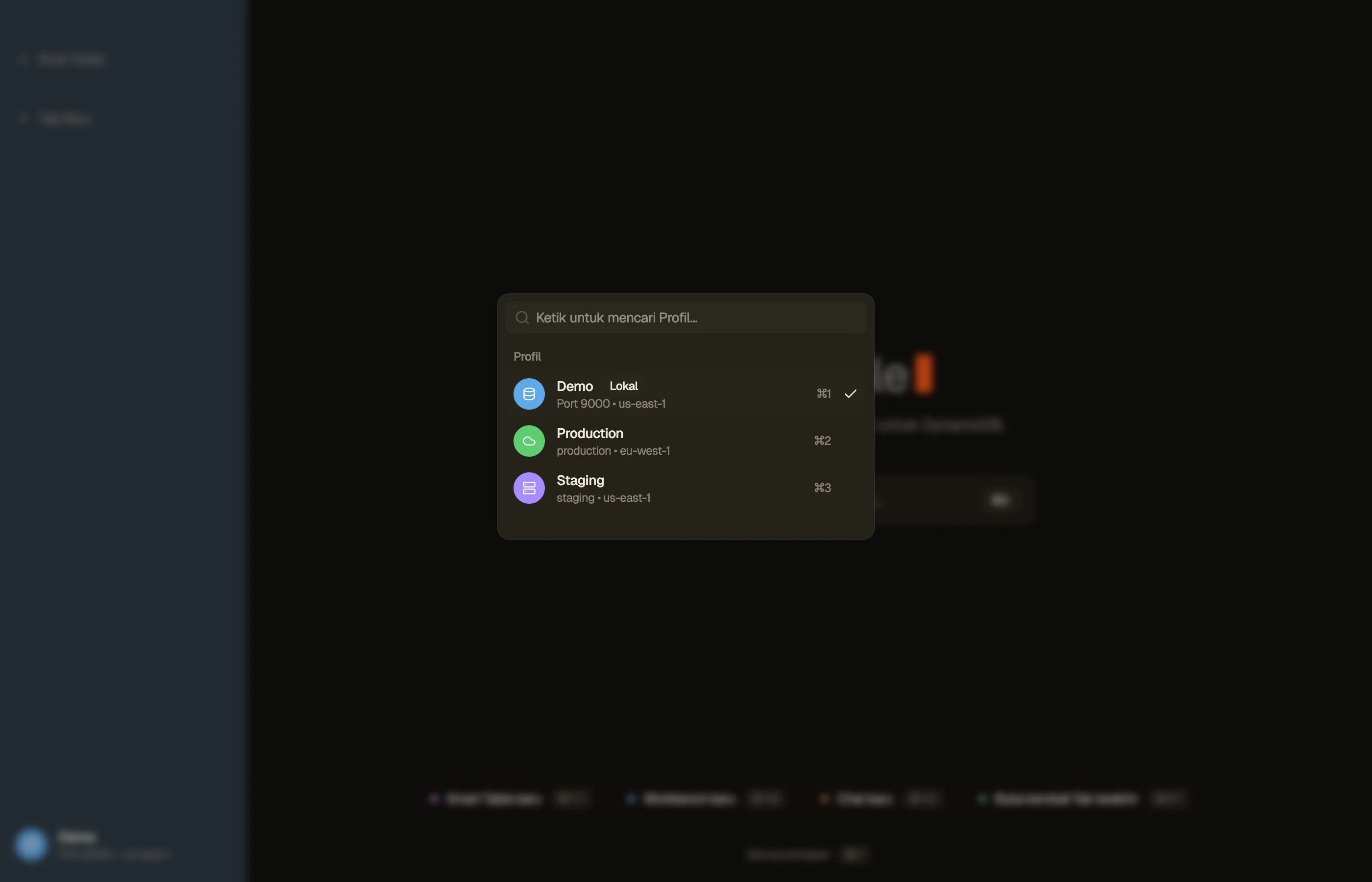 Pengalih profile ⌘P yang menampilkan profile beserta titik status kredensialnya.