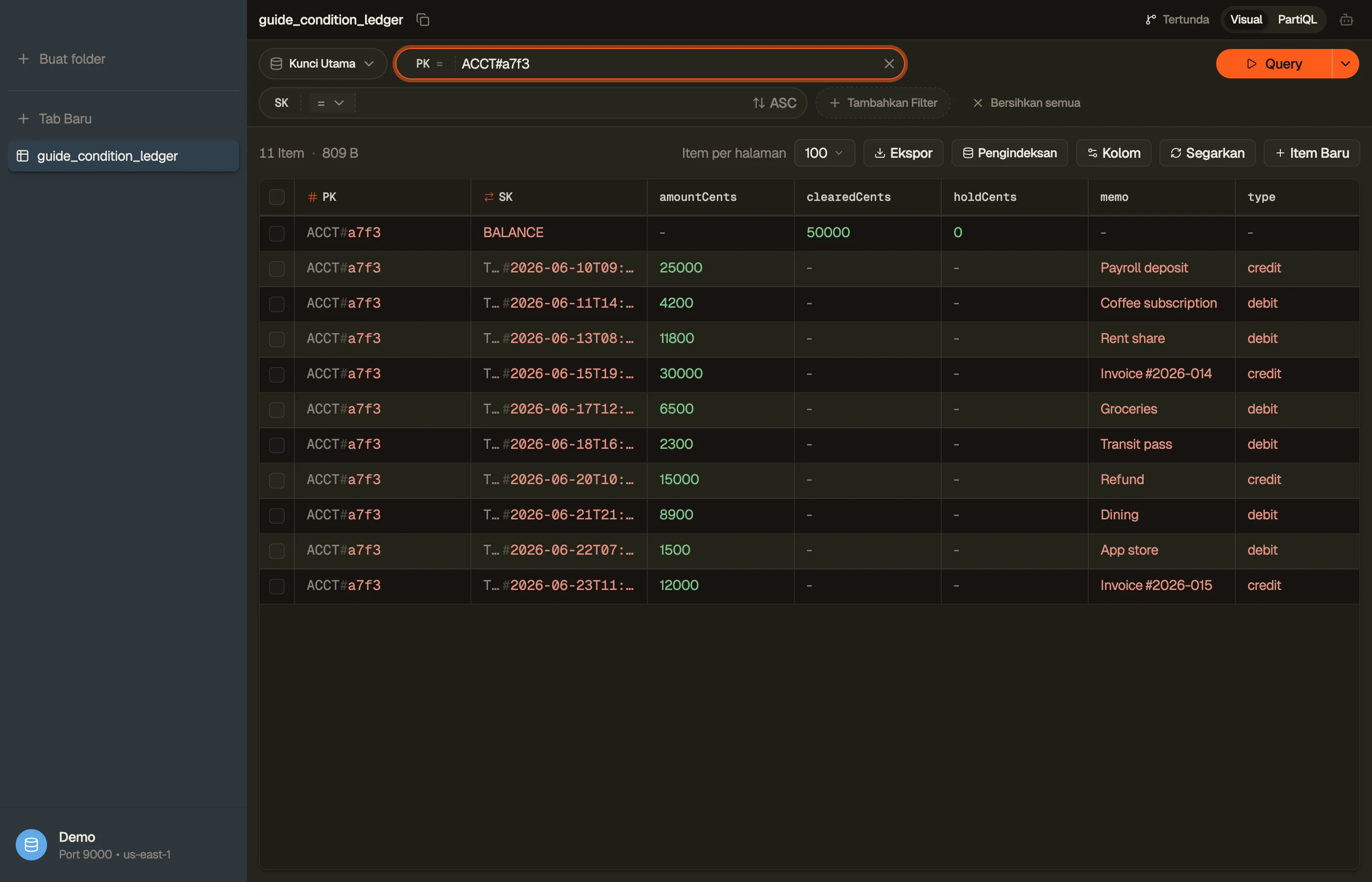 Koleksi ledger di DynoTable — item BALANCE menampilkan clearedCents di atas item transaksi akun.
