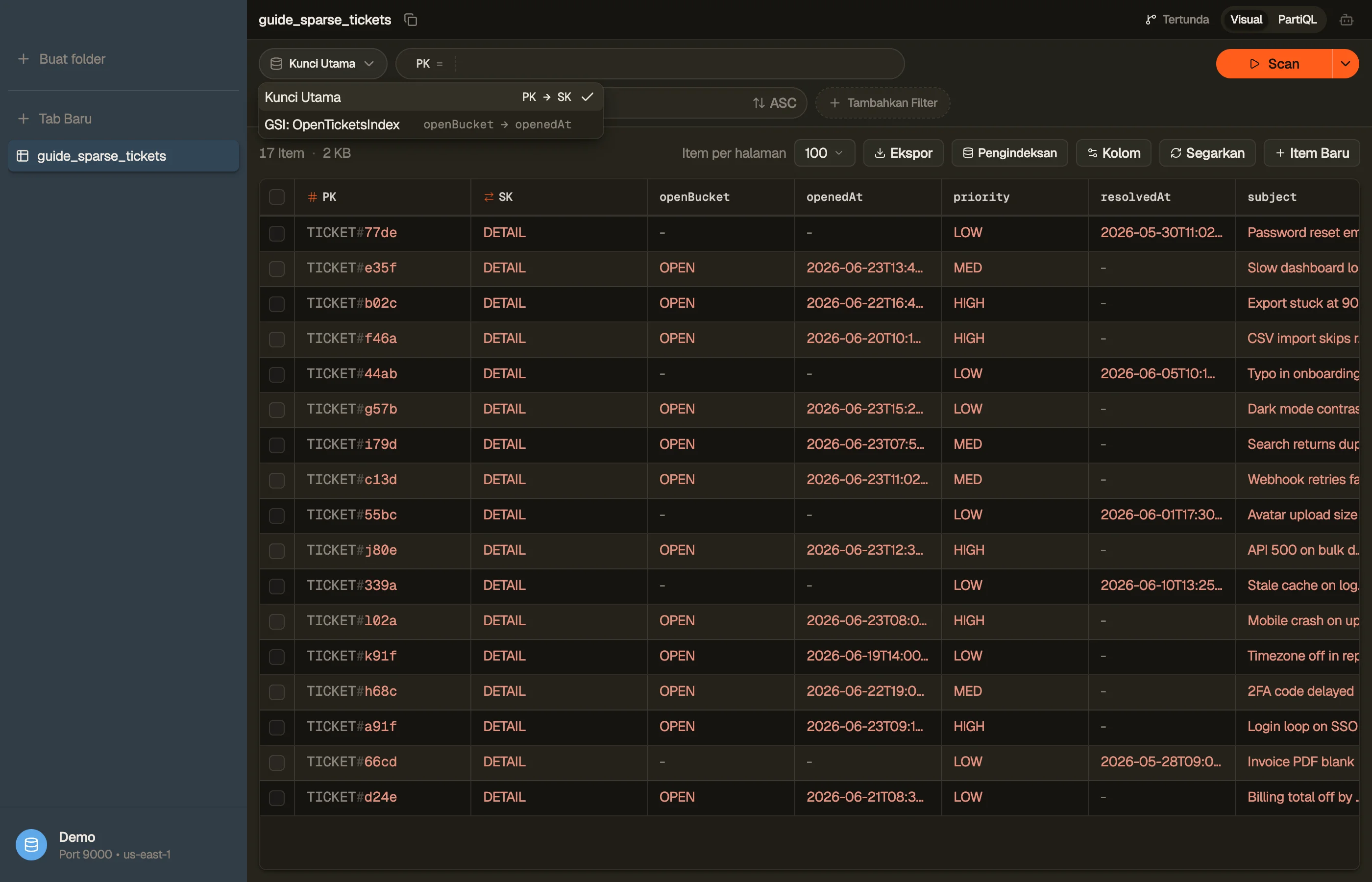 Memilih index mana yang dilewati sebuah query di DynoTable.