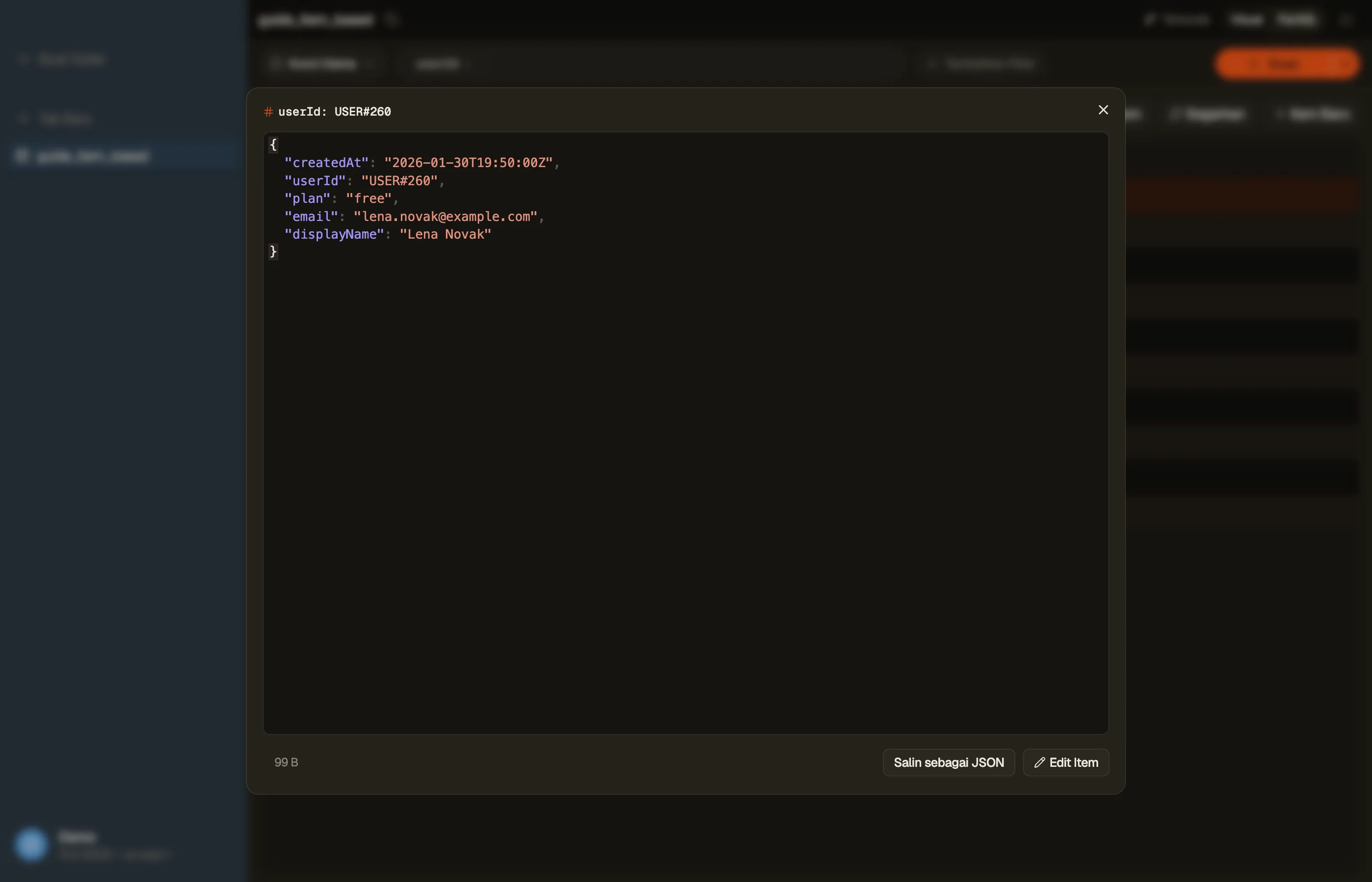 Membaca satu Item di Quick View DynoTable, dengan aksi Edit Item dan Copy as JSON.