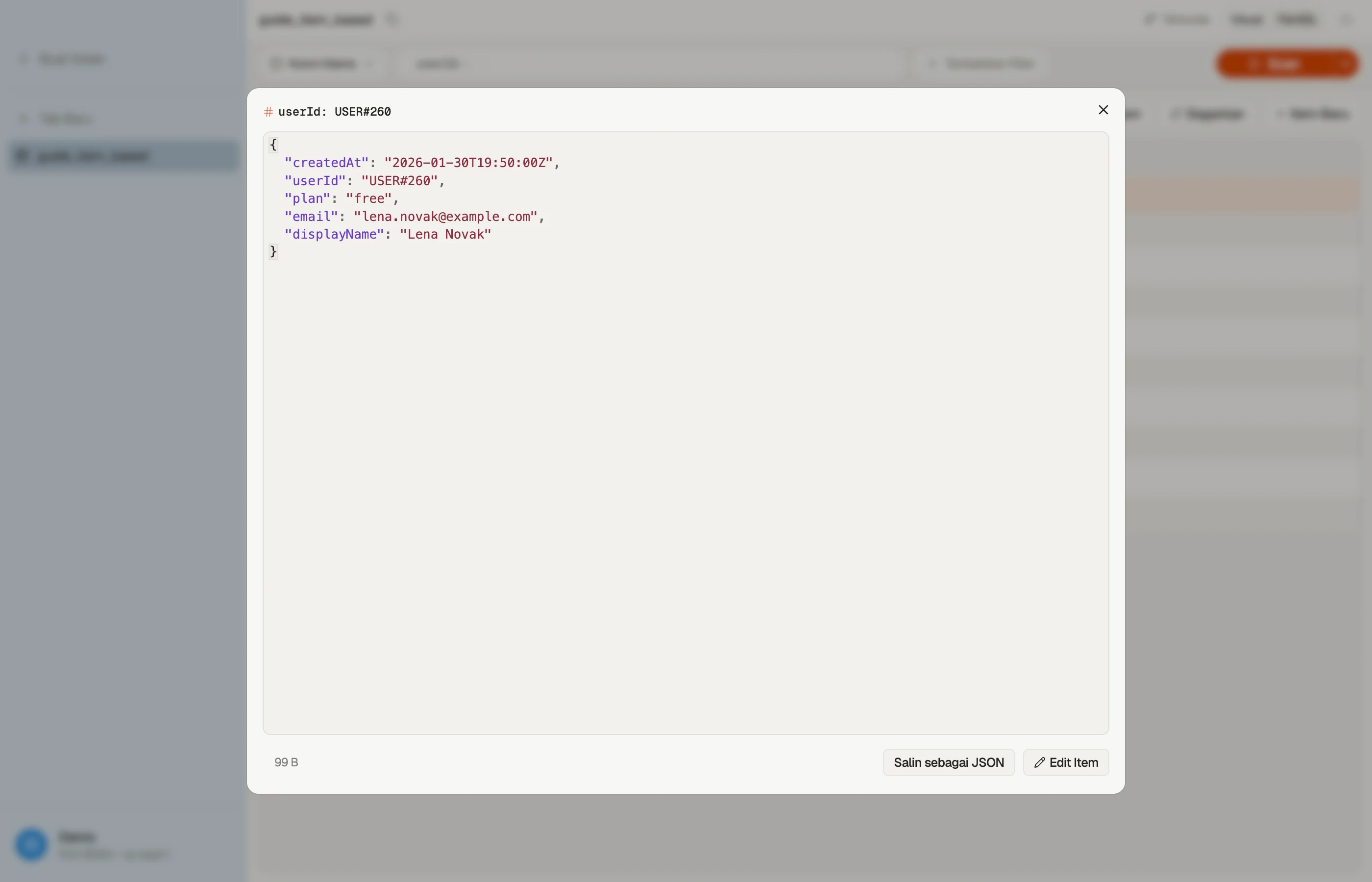 Membaca satu Item di Quick View DynoTable, dengan aksi Edit Item dan Copy as JSON.