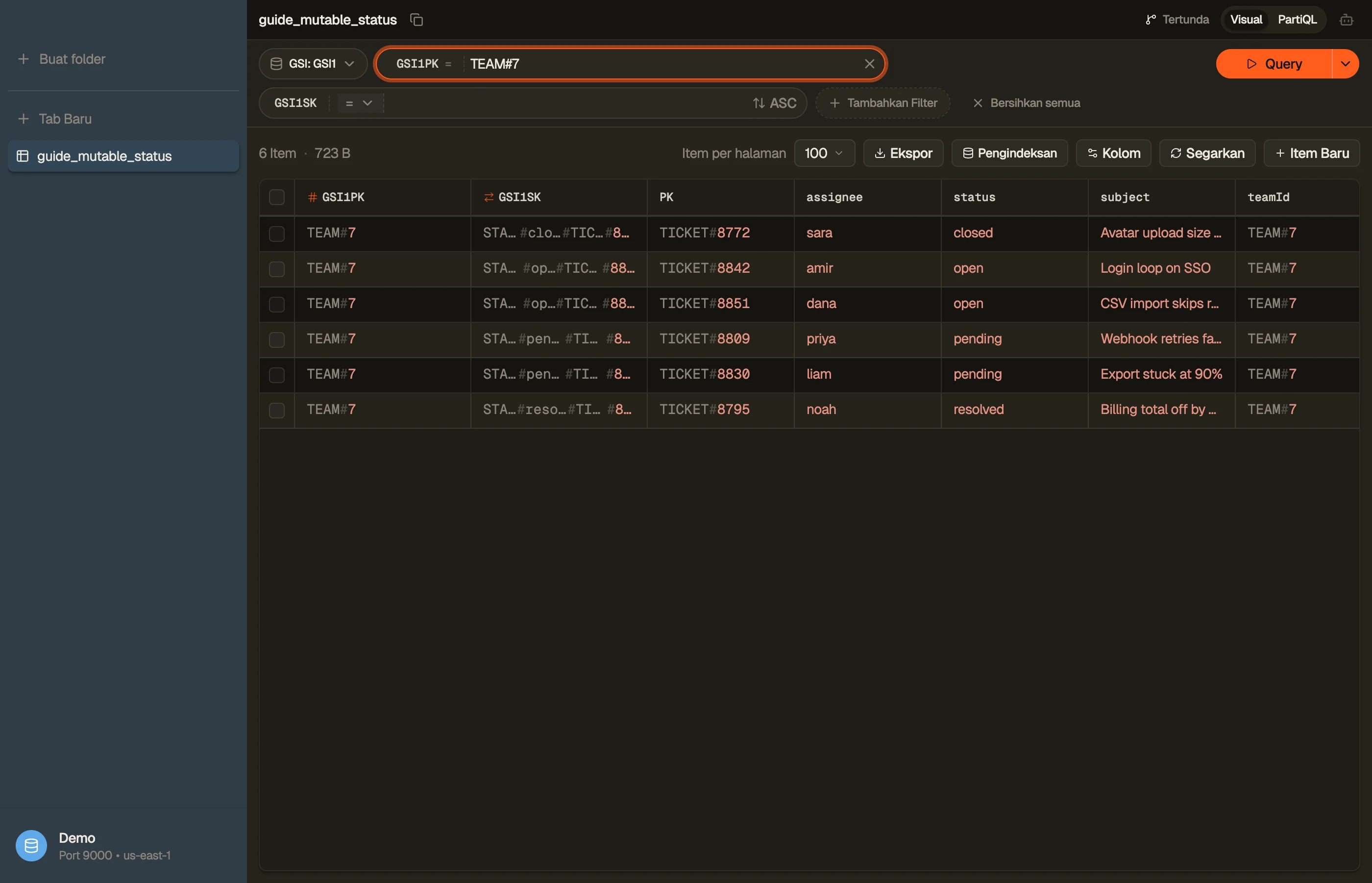 Mem-Query GSI yang terurut-status sementara Item dasar mempertahankan key immutable di DynoTable.
