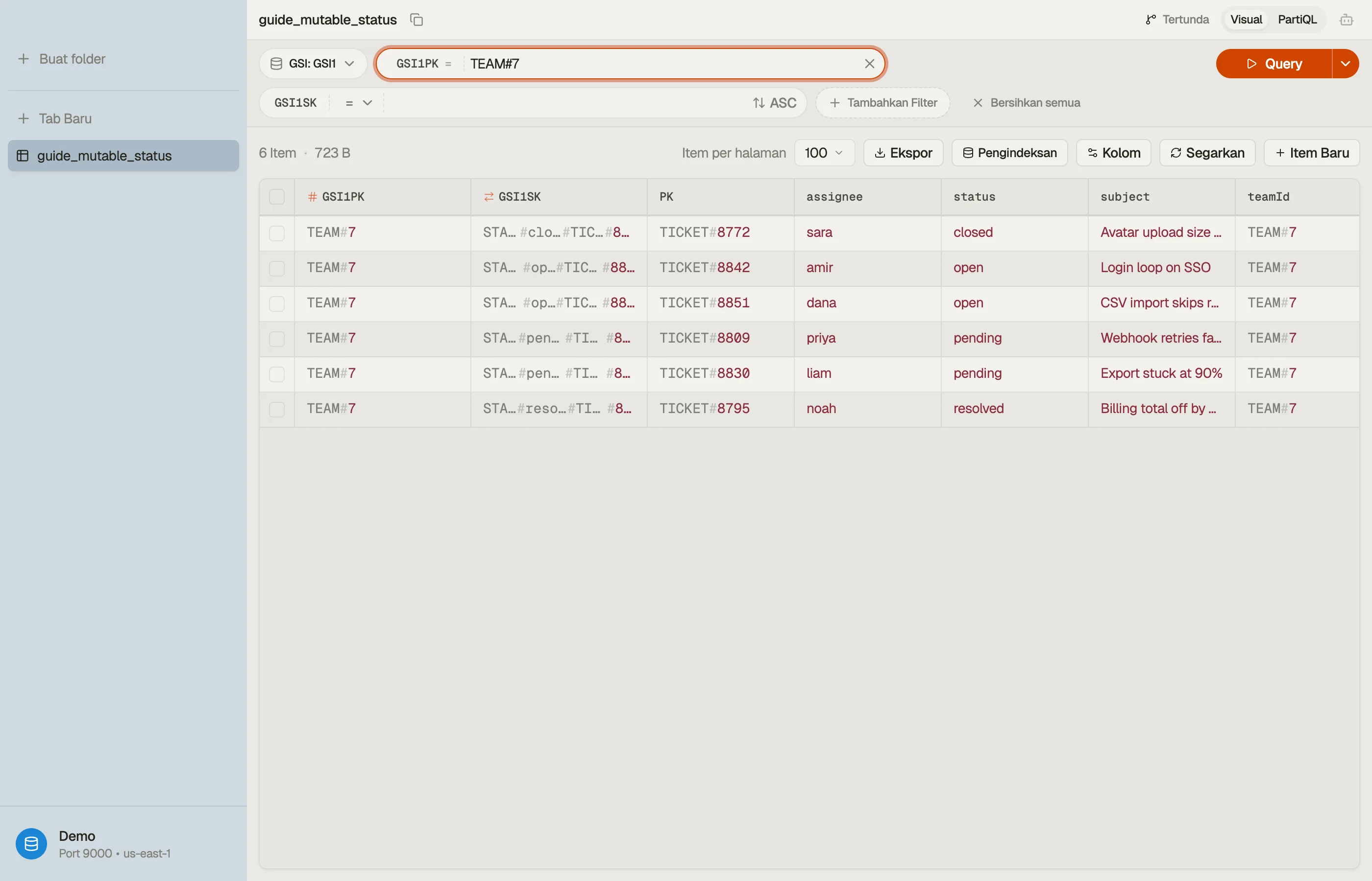 Mem-Query GSI yang terurut-status sementara Item dasar mempertahankan key immutable di DynoTable.