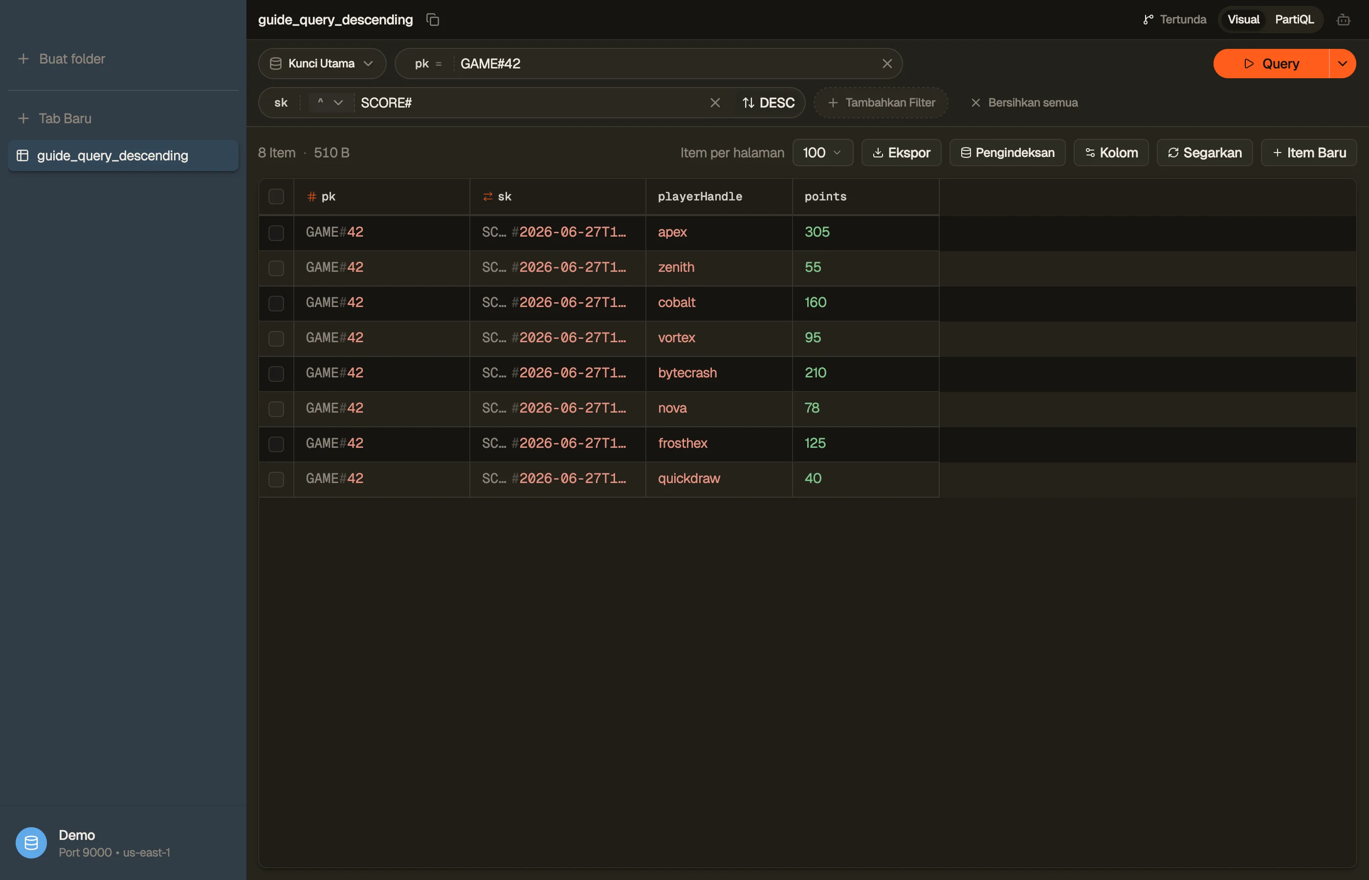 Mengalihkan sebuah Tab Query ke urutan menurun (terbaru-dulu) di DynoTable.