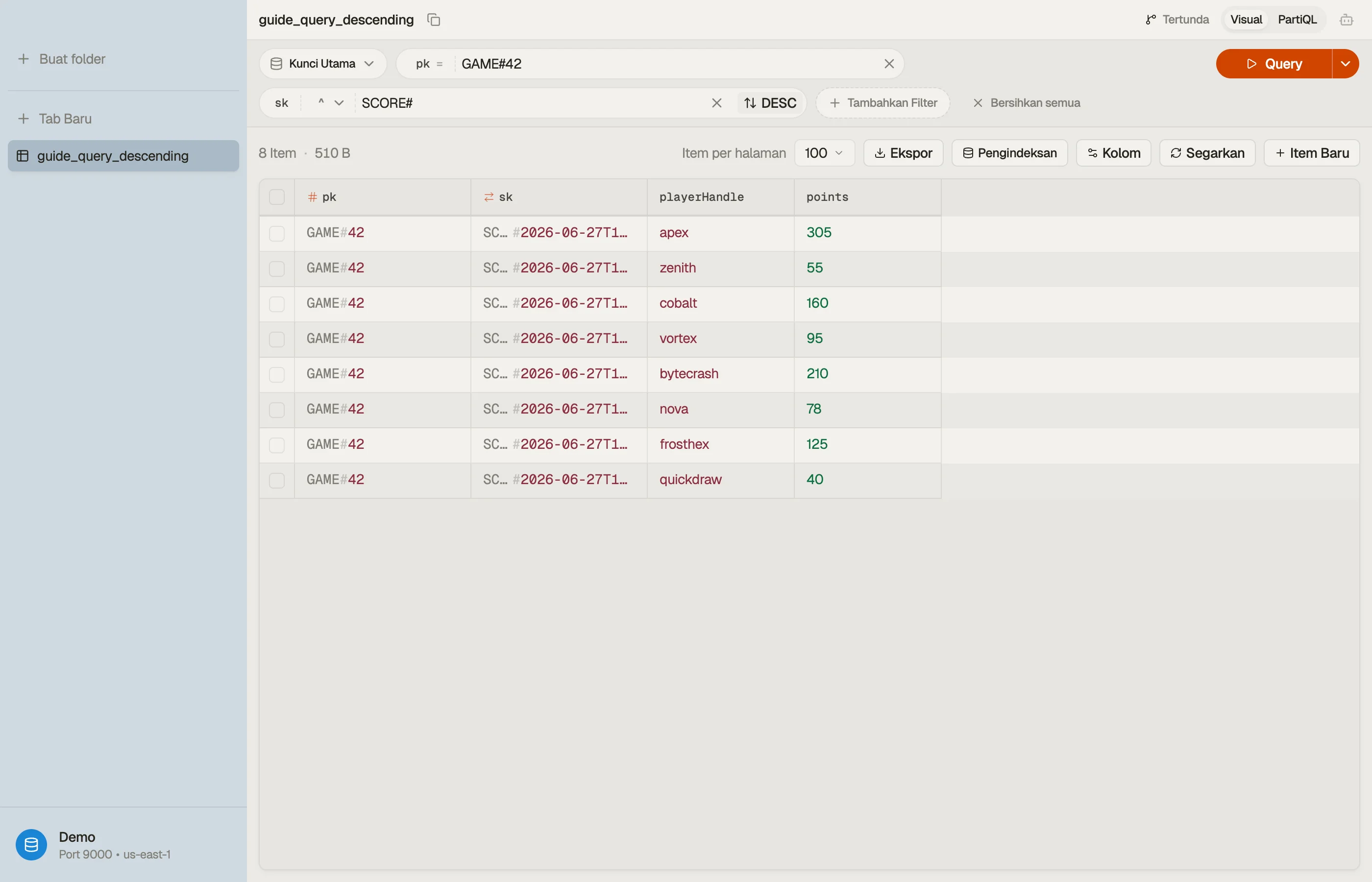 Mengalihkan sebuah Tab Query ke urutan menurun (terbaru-dulu) di DynoTable.