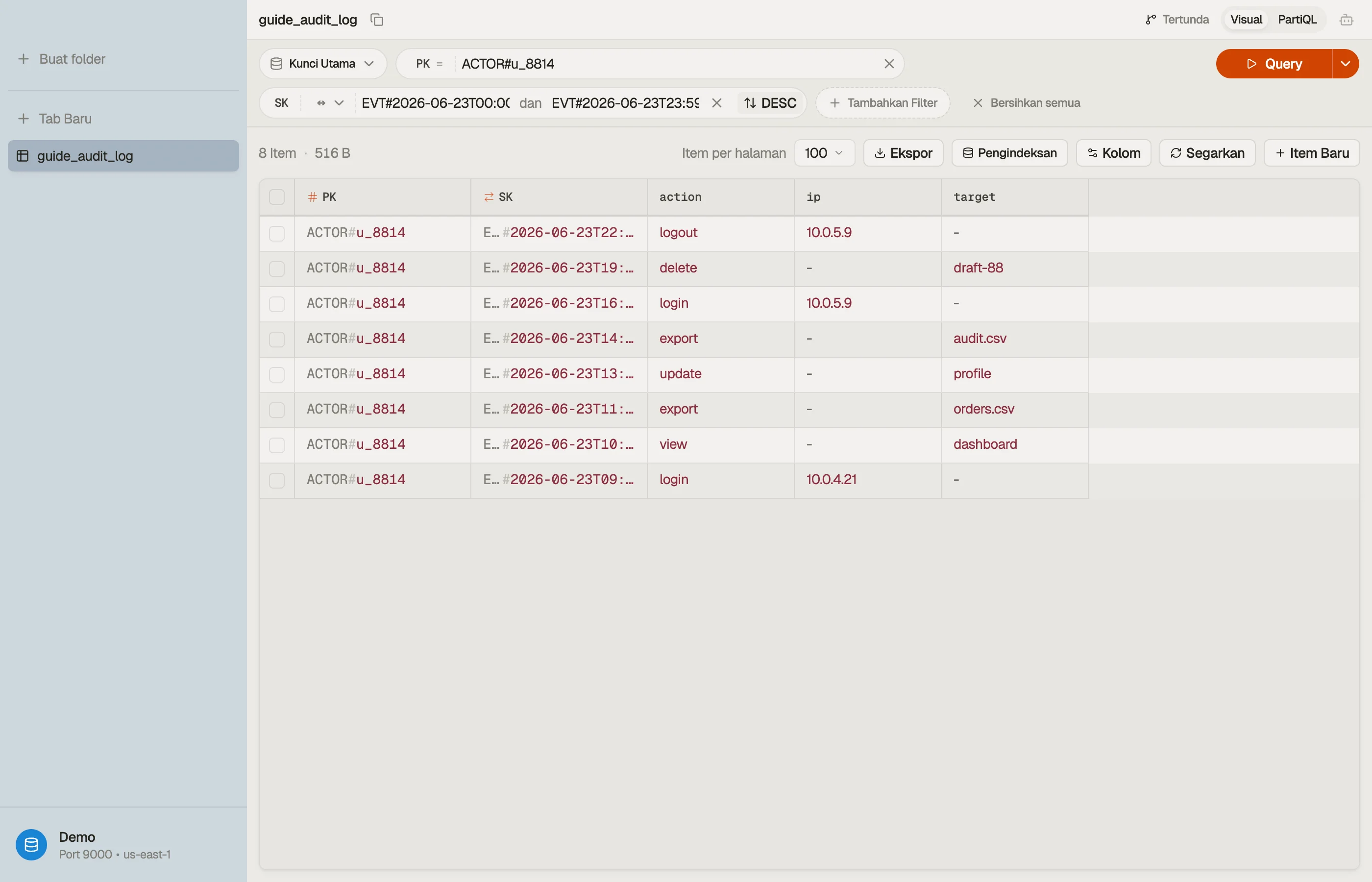 Mem-query collection audit-log seorang actor di DynoTable dengan kondisi between pada sort key, hasil terurut terbaru-lebih-dulu.