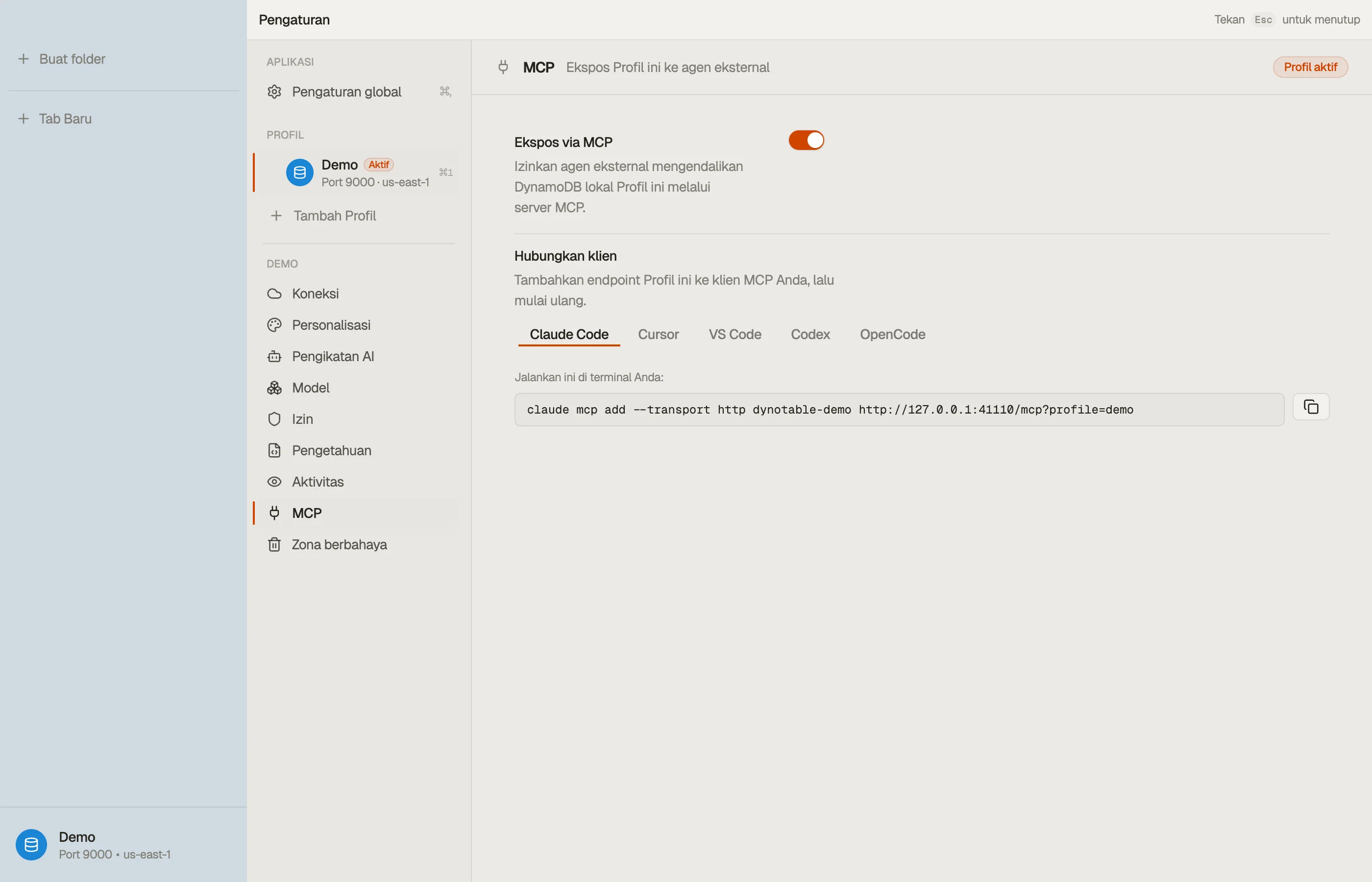 Bagian MCP sebuah profile dengan “Expose via MCP” diaktifkan — blok koneksi per-profile menampilkan endpoint untuk ditambahkan ke klien Anda.