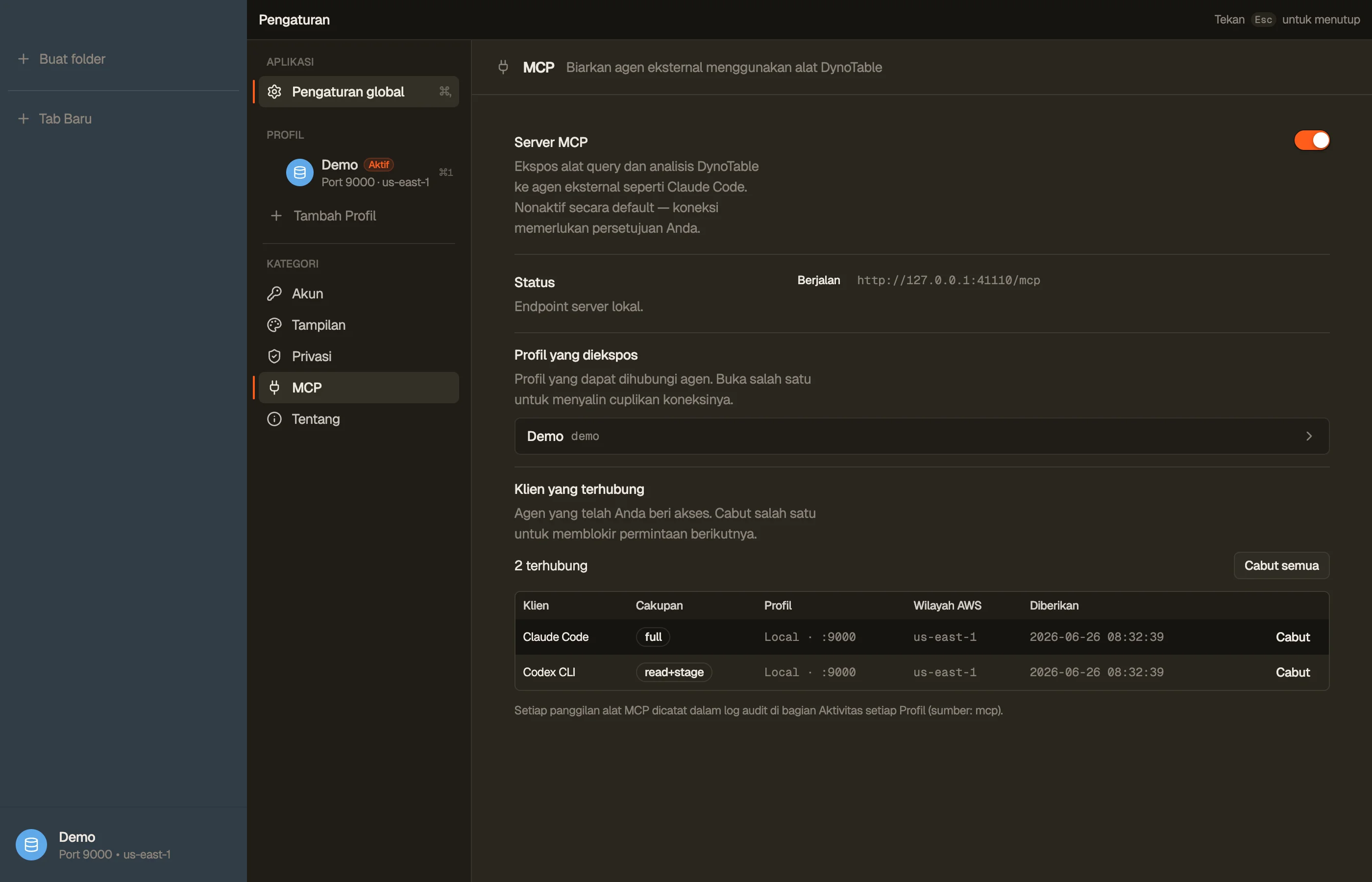 Settings → MCP Server: server berjalan pada port loopback lokal, dengan daftar klien yang terhubung dan tingkat akses mereka.