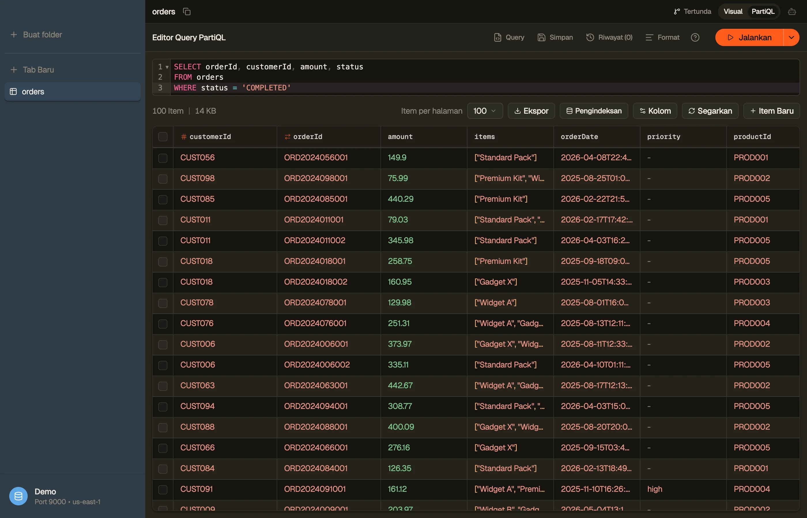Editor PartiQL dengan pernyataan SELECT, menu template, dan hasil yang di-stream di bawah.