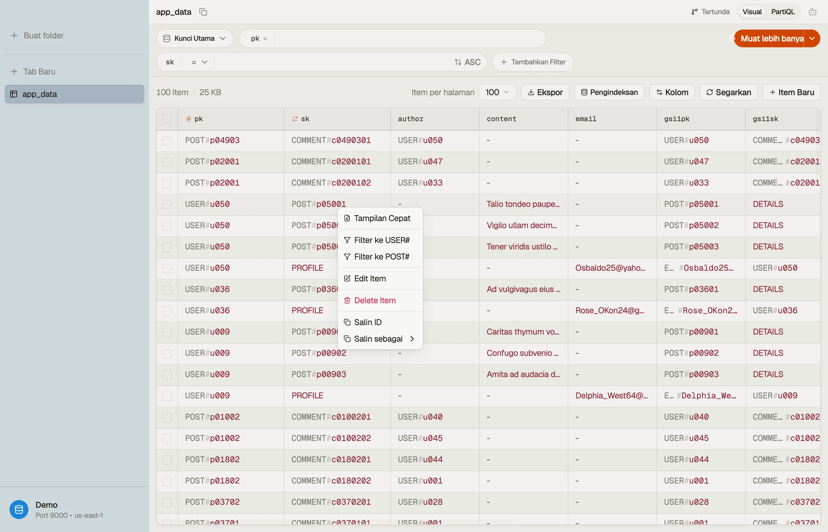 Menu baris klik-kanan di atas tabel yang ter-overload — facet Filter ke USER# dan Filter ke POST# di atas key yang terdekode menjadi segmen-segmen berlabel.
