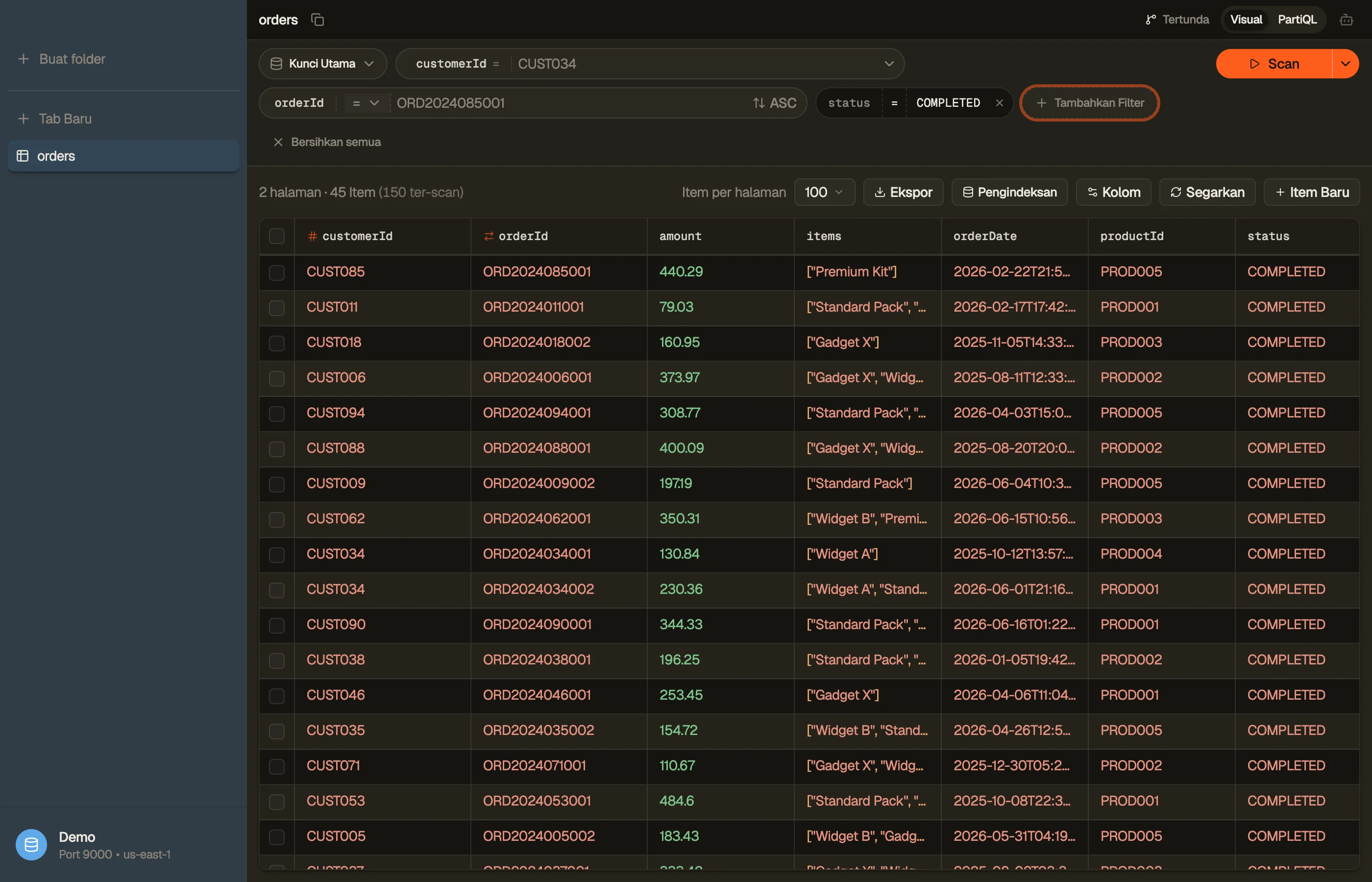 Baris filter visual: pemilih indeks, pil key, sebuah scan filter yang ditambahkan, dan tombol run.