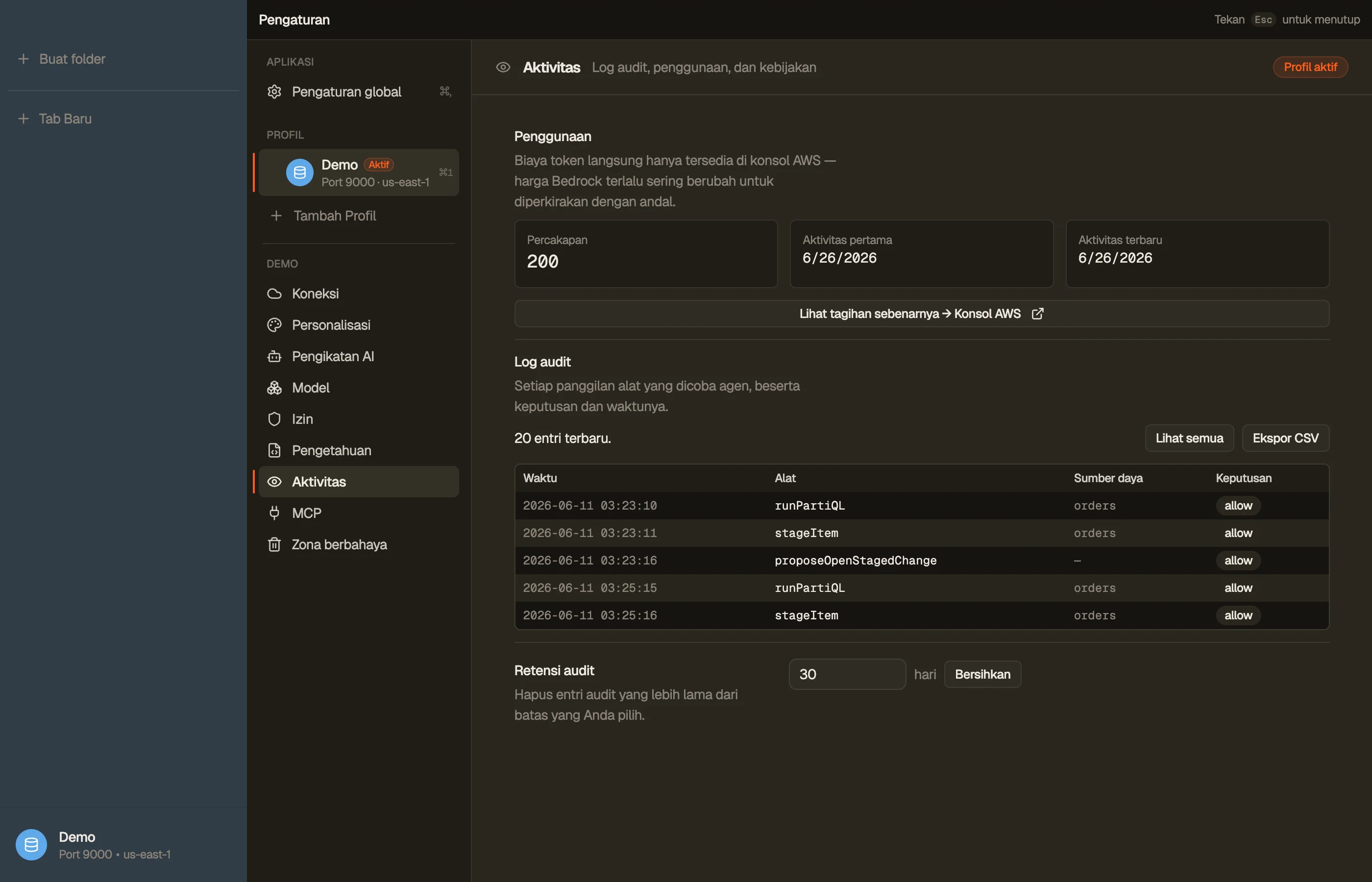 Activity — audit log lokal, penggunaan AI, dan kebijakan org apa pun.