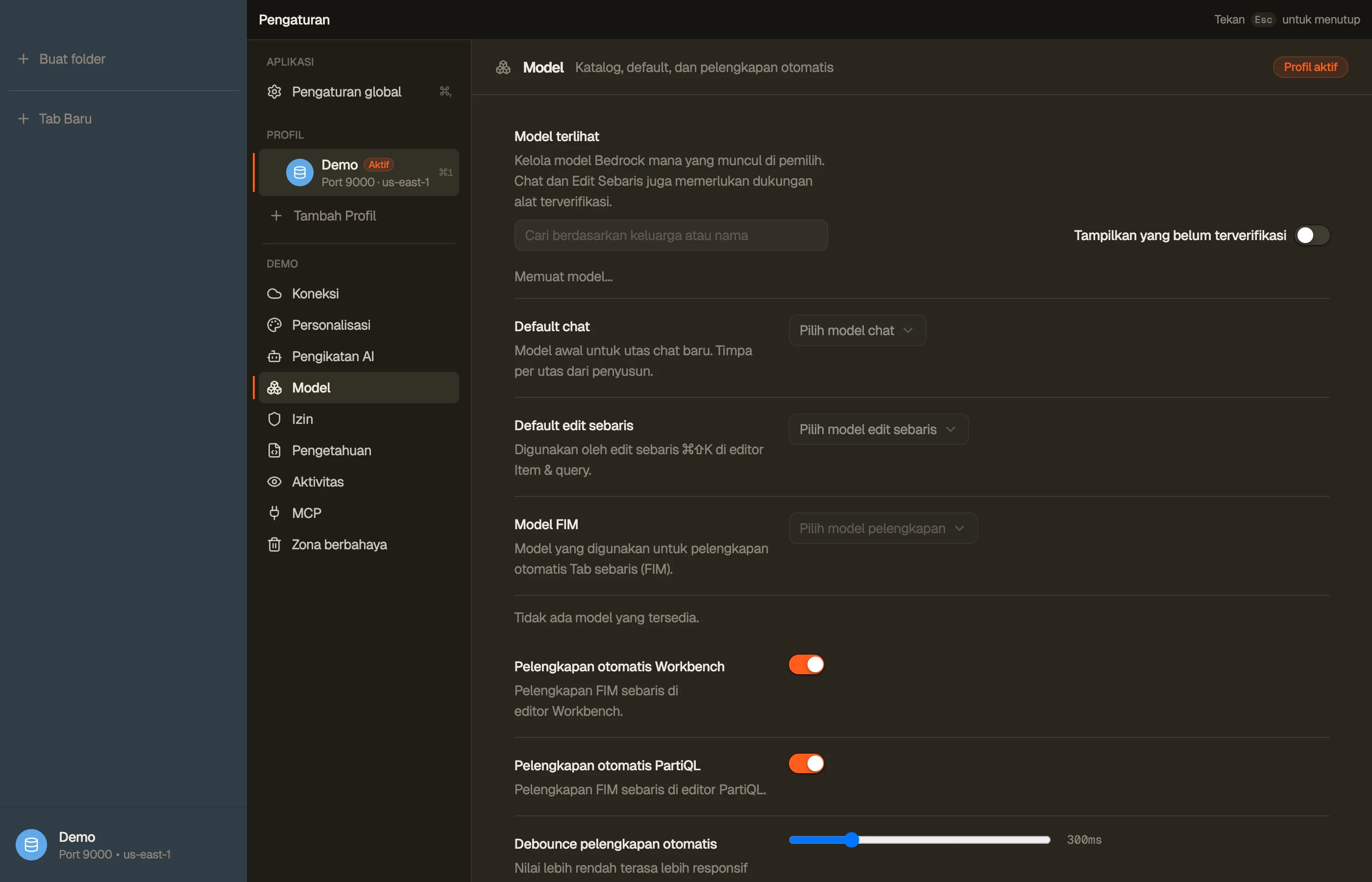 Models — katalog, default per-surface Anda, dan model mana yang terlihat.