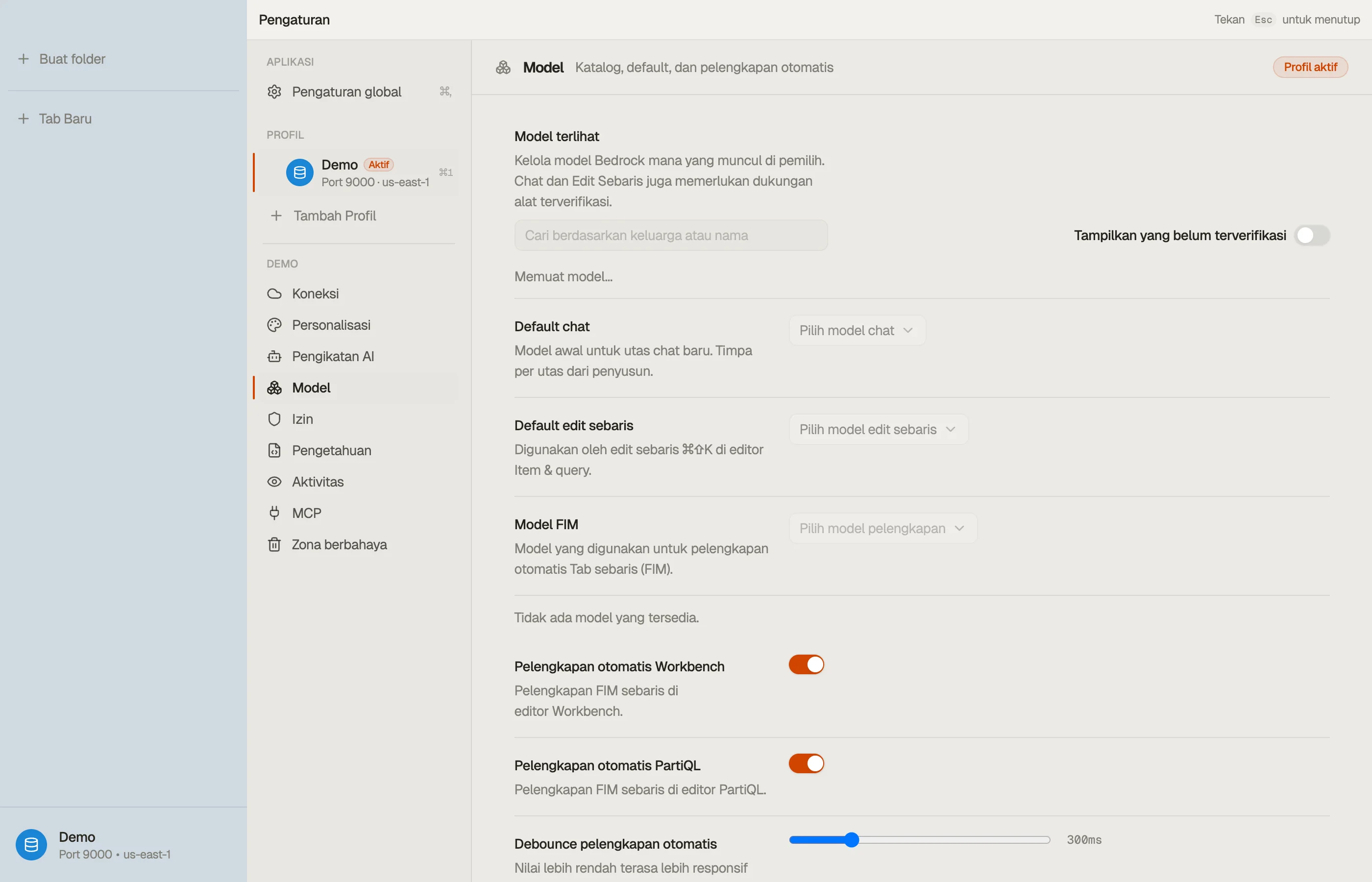 Models — katalog, default per-surface Anda, dan model mana yang terlihat.